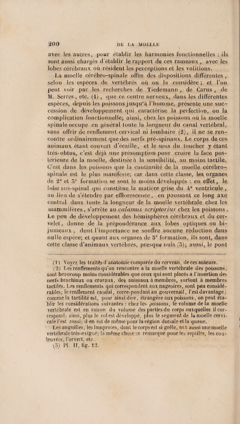 DE LA 510 EL LE £00 avec les autres, pour établir les harmonies fonctionnelles : ik sont aussi chargés d’établir le rapport de ces rameaux , avec les lobes cérébraux où résident les perceptions et les voûtions. La moelle cérébro-spinale offre des dispositions différentes , selon les espèces de vertébrés où on la considère ; et l’on peut voir par les recherches de Tiedemann , de Carus , de M. Serres, etc. (1) , que ce centre nerveux, dans les différentes espèces, depuis les poissons jusqu’à l’homme, présente une suc¬ cession de développement qui caractérise la perfection, ou la complication fonctionnelle; ainsi, chez les poissons où la moelle spinale occupe en général toute la longueur du canal vertébral, sans offrir de renflement cervical ni lombaire (2), il ne se ren¬ contre ordinairement que des nerfs pré-spinaux. Le corps de ces animaux étant couvert d’écaille, et le sens du loucher y étant très-obtus, c’est déjà une présomption pour croire la face pos¬ térieure de la moelle, destinée à la sensibilité, au moins tactile. C’est dans les poissons que la continuité de la moelle cérébro- spinale est le plus manifeste; car dans cette classe, les organes de 2e et 5e formation se sont le moins développés ; en effet, le lobe sus-spinal qui constitue la matière grise du 4e ventricule, au lieu de s’étendre par efflorescence, en poussant ce long axe central dans toute la longueur de la moelle vertébrale chez les mammifères, s’arrête au çalamus scriptorius chez les poissons „ Le peu de développement des hémisphères cérébraux et du cer¬ velet, donne de la prépondérance aux lobes optiques ou bi- jumeaux, dont l’importance ne souffre aucune réduction dans nulle espèce; et quant aux organes de 5e formation, ils sont, dans cette classe d’animaux vertébrés, presque nuis (5); aussi, le pont (1 ) Voyez les traités d’anatomie comparée du cerveau, de ces auteurs. (2) Les renflements qu’on rencontre à la moelle vertébrale des poissons, sont beaucoup moins considérables que ceux qui sont placés à l’insertion des nerfs brachiaux ou cruraux, des animaux à membres, surtout à membres tactiles. Les renflements qui correspondent aux nageoires, sont peu considé¬ rables; le renflement caudal, correspondant au gouvernail, l’est davantage ; comme la tactilité est, pour ainsi dire, étrangère aux poissons, on peut éta¬ blir les considérations suivantes : chez le* poissons, le volume de la moelle vertébrale est en raison du volume des parties du corps auxquelles il cor¬ respond; ainsi, plus le col est développé, plus le segmentée la moelle cervi¬ cale l’est aussi; il en est de même pour la région dorsale et la queue. Les anguilles, les lamproies, dont le corps est si grêle, oi t aussi une moelle vertébrale très-exiguë; la même chose se remarque pour les reptiles, les cou¬ leuvres, l’or vert, etc.