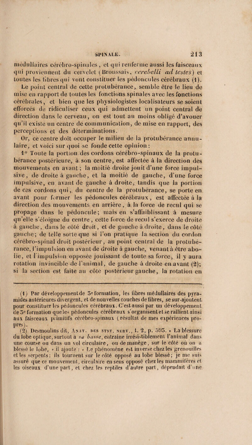 médullaires cérébro-spinales , et qui renferme aussi les faisceaux qui proviennent du cervelet (Broussais, cerebeüi ad testes) et toutes les libres qui vont constituer les pédoncules cérébraux (1). Le point central de cette protubérance, semble être le lieu de mise en rapport de toutes les fonctions spinales avec les fonctions cérébrales, et bien que les physiologistes localisateurs se soient efforcés de ridiculiser ceux qui admettent un point central de direction dans le cerveau, on est tout au moins obligé d’avouer qu’il existe un centre de communication, de mise en rapport, des perceptions et des déterminations. Or, ce centre doit occuper le milieu de la protubérance annu¬ laire, et voici sur quoi se fonde cette opinion : 1° Toute la portion des cordons cérébro-spinaux de la protu¬ bérance postérieure, à son centre, est affectée à la direction des mouvements en avant ; la moitié droite jouit d’une force impul¬ sive, de droite à gauche, et la moitié de gauche, d’une force impulsive, en avant de gauche adroite, tandis que la portion de ces cordons qui, du centre de la protubérance, se porte en avant pour former les pédoncules cérébraux, est affectée à la direction des mouvements en arrière, à la force de recul qui se propage dans le pédoncule; mais en s’affaiblissant à mesure qu’elle s’éloigne du centre , celte force de recul s’exerce de droite à gauche, dans le côté droit, et de gauche à droite, dans le côté gauche; de telle sorte que si l’on pratique la section du cordon cérébro-spinal droit postérieur, au point central de la protubé¬ rance, l’impulsion en avant de droite à gauche, venant à être abo¬ lie, et 1 impulsion opposée jouissant de toute sa force, il y aura rotation invincible de l’animal, de gauche à droite en avant (2); si la section est faite au côté postérieur gauche, la rotation en (1) Par développementde 3e formation, les fibres médullaires des pyra¬ mides antérieures divergent, et de nouvelles couches de fibres, se sur-ajoutent pour constituer les pédoncules cérébraux. C’est aussi par un développement de 3e formation queies pédoncules cérébraux s’organisent et se rallient ainsi aux faisceaux primitifs cérébro-spinaux ( résultat de mes expériences pro¬ pres) . (2) Desmoulins dit, Axât, des stst. nerv., t. 2, p. 593. « Lablessure du lobe optique, surtout à sa basse, entraîne irrésistiblement l'animal dans une course ou dans un vol circulaire, ou de manège, sur le côté où on a blessé le lobe, » il ajoute : « Le phénomène est inverse chez les grenouilles elles serpents; ils tournent sur le côté opposé au lobe blessé; je me suis assuré que ce mouvement, circulaire en sens opposé chez les mammifères et les oiseaux d’une part, et chez les reptiles d'autre part, dépendait d’une