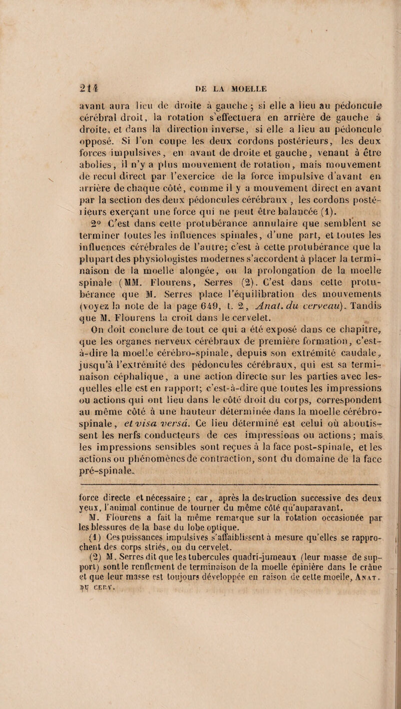 avant aura lieu de droite à gauche; si elle a lieu au pédoncule cérébral droit, la rotation s’effectuera en arrière de gauche à droite, et dans la direction inverse, si elle a lieu au pédoncule opposé. Si l’on coupe les deux cordons postérieurs, les deux forces impulsives, en avant de droite et gauche, venant à être abolies, il n’y a plus mouvement de rotation, mais mouvement de recul direct par l’exercice de la force impulsive d’avant en arrière de chaque côté, comme il y a mouvement direct en avant par la section des deux pédoncules cérébraux , les cordons posté- îieurs exerçant une force qui ne peut être balancée (1). 2° C/est dans cette protubérance annulaire que semblent se terminer toutes les influences spinales, d’une part, et toutes les influences cérébrales de l’autre; c'est à cette protubérance que la plupart des physiologistes modernes s’accordent à placer la termi¬ naison de la moelle alongée, ou la prolongation de la moelle spinale (MM. Flourens, Serres (2). C’est dans cette protu¬ bérance que M. Serres place l’équilibration des mouvements (voyez la note de la page 649, t. 2, Anal, du cerveau). Tandis que M. Flourens la croit dans le cervelet. On doit conclure de tout ce qui a été exposé dans ce chapitre, que les organes nerveux cérébraux de première formation, c’est- à-dire la moelle cérébro-spinale, depuis son extrémité caudale, jusqu’à l’extrémité des pédoncules cérébraux, qui est sa termi-: naison céphalique, a une action directe sur les parties avec les¬ quelles elle est en rapport; c’est-à-dire que toutes les impressions ou actions qui ont lieu dans le côté droit du corps, correspondent au même côté à une hauteur déterminée dans la moelle cérébro- spinale, et visa versa. Ce lieu déterminé est celui où aboutis¬ sent les nerfs conducteurs de ces impressions ou actions; mais les impressions sensibles sont reçues à la face post-spinale, et les actions ou phénomènes de contraction, sont du domaine de la face pré-spinale. force directe et nécessaire ; car, après la destruction successive des deux yeux, l’anirnal continue de tourner du même côté qu’auparavant. M. Flourens a fait la même remarque sur la rotation occasionée par les blessures de la base du lobe optique. (1) Ces puissances impulsives s'affaiblissent à mesure qu’elles se rappro¬ chent des corps striés, ou du cervelet. (2) M. Serres dit que les tubercules quadri-jumeaux (leur masse de sup¬ port) sontie renflement de terminaison delà moelle épinière dans le crâne et que leur masse est toujours développée eu raison de celte moelle, Anat. ceov.