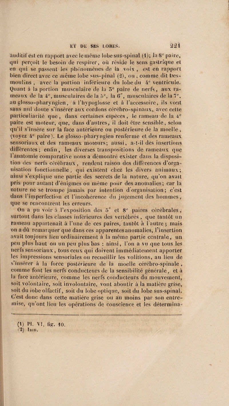 ET DK SES LOBES-. Ù2i âuditif est en rapport avec le môme lobe sus-spinal (1); la 8e paire, qui perçoit le besoin de respirer, où réside le sens gastrique et en qui se passent les phénomènes de la voix , est en rapport bien direct avec ce même lobe sus-pinal (2), ou , comme dit Des- moulins, avec la portion inférieure du lobe du 4e ventricule. Quant à la portion musculaire de la 5e paire de nerfs, aux ra¬ meaux de la 4e, musculaires de la 5e, la 6°, musculaires de la 7e, au glosso-pharyngien, à l’hypoglosse et à l’accessoire, ils vont sans nul doute s’insérer aux cordons cérébro-spinaux, avec cette parliculiarité que, dans certaines espèces, le rameau de la 4e paire est moteur, que, dans d’autres, il doit être sensible, selon qu’il s’insère sur la face antérieure ou postérieure de la moelle, (voyez 4e paire). Le glosso-pharyngien renferme et des rameaux sensoriaux et des rameaux moteurs; aussi, a-t-il des insertions différentes; enfin, les diverses transpositions de rameaux que l’anatomie comparative nous a démontré exister dans la disposi¬ tion des nerfs cérébraux, rendent raison des différences d’orga¬ nisation fonctionnelle, qui existent chez les divers animaux; ainsi s’explique une partie des secrets de la nature, qu’on avait pris pour autant d’énigmes ou même pour des anomalies; car la nature ne se trompe jamais par intention d’organisation; c’est dans l’imperfection et l’incohérence du jugement des hommes, que se rencontrent les erreurs. On a pu voir à l’exposition des 5e et 8e paires cérébrales, surtout dans les classes inférieures des vertébrés , que tantôt un rameau appartenait à l’une de ces paires, tantôt à l’autre; mais un a dû remarquer que dans ces apparentes anomalies, l’insertion avait toujours lieu ordinairement à la même partie centrale, un peu plus haut ou un peu plus bas ; ainsi, l’on a vu que tous les nerfs sensoriaux , tous ceux qui doivent immédiatement apporter les impressions sensoriales ou recueillir les voûtions, au lieu de s’insérer à la force postérieure de la moelle cérébro-spinale , comme font les nerfs conducteurs de la sensibilité générale, et à la face antérieure, comme les nerfs conducteurs du mouvement, soit volontaire, soit involontaire, vont aboutir à la matière grise, soit du iobe olfactif, soit du lobe optique, soit du lobe sus-spinal. C’est donc dans cette matière grise ou au moins par son entre¬ mise, qu’ont lieu les opérations de conscience et les détermina- (1) PI. VI, fig. iO. (2) Ibid,