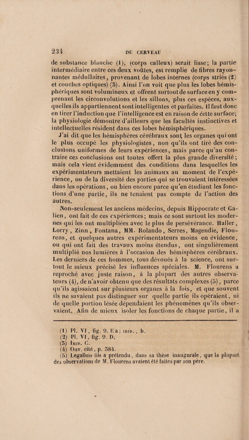 23 5 de substance blanche (1), (corps calleux) serait lisse; la partie intermédiaire entre ces deux voûtes, est remplie de fibres rayon¬ nantes médullaires, provenant de lobes internes (corps striés (2) et couches optiques) (5). Ainsi l’on voit que plus les lobes hémis¬ phériques sont volumineux et offrent surtout de surface en y com¬ prenant les circonvolutions et les sillons, plus ces espèces, aux¬ quelles ils appartiennent sontintelligentes et parfaites. Il faut donc en tirer l’induction que l’intelligence est en raison de celte surface; la physiologie démontre d’ailleurs que les facultés instinctives et intellectuelles résident dans ces lobes hémisphériques. J’ai dit que les hémisphères cérébraux sont, les organes qui ont le plus occupé les physiologistes, non qu’ils ont tiré des con¬ clusions uniformes de leurs expériences, mais parce qu’au con¬ traire ces conclusions ont toutes offert la plus grande diversité; mais cela vient évidemment des conditions dans lesquelles les expérimentateurs mettaient les animaux au moment de l’expé¬ rience, ou de la diversité des parties qui se trouvaient intéressées dans les opérations, ou bien encore parce qu’en étudiant les fonc¬ tions d’une partie, ils ne tenaient pas compte de l’action des autres. JNon-seulement les anciens médecins, depuis Hippocrate et Ga¬ lien, ont fait de ces expériences; mais ce sont surtout les moder¬ nes qui les ont multipliées avec le plus de persévérance. Haller, Lorry, Zinn , Fontana, MM. Rolando, Serres, Magendie, Flou- rens, et quelques autres expérimentateurs moins en évidence, ou qui ont fait des travaux moins étendus, ont singulièrement multiplié nos lumières à l’occasion des hémisphères cérébraux. Les derniers de ces hommes, tous dévoués à la science, ont sur¬ tout le mieux précisé les influences spéciales. M. Flourens a reproché avec juste raison, à la plupart des autres observa¬ teurs (4), de n’avoir obtenu que des résultats complexes (5), parce qu’ils agissaient sur plusieurs organes à la fois, et que souvent ils ne savaient pas distinguer sur quelle partie ils opéraient, ni de quelle portion lésée dépendaient les phénomènes qu’ils obser¬ vaient. Afin de mieux isoler les fonctions de chaque partie, il a (1) PI. YI, fig. 9. E a ; ibid. , b. (2) Pi. VI, fig. 9. D. (o) Ibid. C. (4) Ouv. cité, p. 584. (5) Legallois fils a prétendu, dans sa thèse inaugurale, que la plupart,