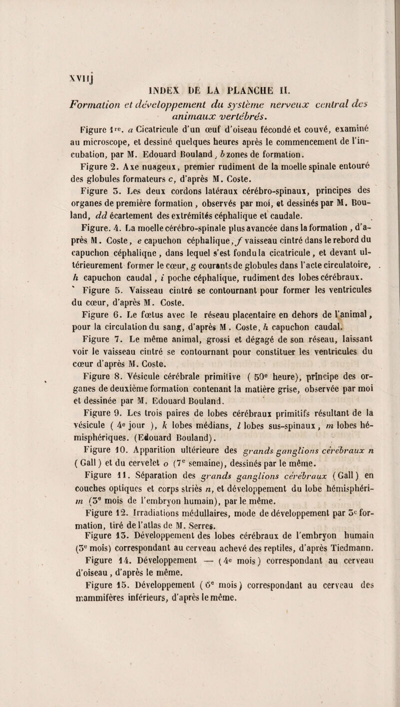 XVI IJ INDEX DE LA PLANCHE IL Formation et développement du système nerveux central des animaux vertébrés. Figure lre. a Cicatricule d’un œuf d’oiseau fécondé et couvé, examiné au microscope, et dessiné quelques heures après le commencement de l’in¬ cubation, par M. Edouard Bouland ; Ozones de formation. Figure 2. Axe nuageux, premier rudiment de la moelle spinale entouré des globules formateurs c, d’après M. Coste. Figure 5. Les deux cordons latéraux cérébro-spinaux, principes des organes de première formation , observés par moi, et dessinés par M. Bou- îand, dd écartement des extrémités céphalique et caudale. Figure. 4. La moelle cérébro-spinale plus avancée dans la formation , d’a¬ près M. Coste, e capuchon céphalique,y vaisseau cintré dans le rebord du capuchon céphaliqne , dans lequel s’est fondu la cicatricule, et devant ul¬ térieurement former le cœur, g courants de globules dans l’acte circulatoire, h capuchon caudal, i poche céphalique, rudiment des lobes cérébraux. Figure 5. Vaisseau cintré se contournant pour former les ventricules du cœur, d’après M. Coste. Figure 6. Le fœtus avec le réseau placentaire en dehors de l’animal, pour la circulation du sang, d’après M . Coste, h capuchon caudal. Figure 7. Le même animal, grossi et dégagé de son réseau, laissant voir le vaisseau cintré se contournant pour constituer les ventricules du cœur d’après M. Coste. Figure 8. Vésicule cérébrale primitive ( 50e heure), principe des or¬ ganes de deuxième formation contenant la matière grise, observée par moi et dessinée par M. Edouard Bouland. Figure 9. Les trois paires de lobes cérébraux primitifs résultant de la vésicule ( 4e jour ), k lobes médians, l lobes sus-spinaux, m lobes hé¬ misphériques. (Edouard Bouland). Figure 10. Apparition ultérieure des grands ganglions cérébraux n ( Gall ) et du cervelet o (7e semaine), dessinés par le même. Figure 11. Séparation des grands ganglions cérébraux (Gall) en couches optiques et corps striés n, et développement du lobe hémisphéri- m (5e mois de l’embryon humain), par le même. Figure 12. Irradiations médullaires, mode de développement par 5*-for¬ mation, tiré de l’atlas de M. Serres. Figure 13. Développement des lobes cérébraux de l’embryon humain (5e mois) correspondant au cerveau achevé des reptiles, d’après Tiedmann. Figure 14. Développement — (4e mois) correspondant au cerveau d’oiseau, d’après le même. Figure 15. Développement ( 6e mois ) correspondant au cerveau des mammifères inférieurs, d’après le même.