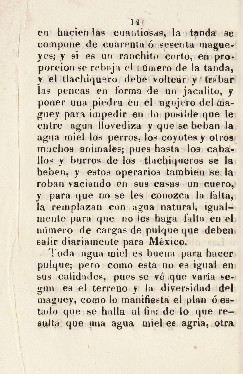 í 4 en haciendas cuantiosas, la tanda se compone de cuarenta ó sesenta mague- yes; y si es un ranchito corto, en pro* porción se rebaja el número de la tanda, y el tlachiquero debe voltear y trabar las pencas en forma de un jacalito, y poner una piedra en el agujero del ma- guey para impedir en lo posible que le entre agua llovediza y que se beban la agua miel los perros, los coyotes y otros machos animales; pues hasta los caba- llos y burros de los tlachiqueros se la beben, y estos operarios también se la roban vaciando en sus casas un cuero, y para que no se les conozca la falta, la remplazan con agua natural, igual- mente para que no íes haga falta en el número de cargas de pulque que deben salir diariamente para México. Toda agua miel es buena para hacer pulque; pero como esta no es igual en sus calidades, pues se vé que varía se- gún es el terreno y la diversidad del maguey, como lo manifiesta el plan ó es- tado que se halla al fin: de lo que re- sulta que una agua miel ee agria, otra