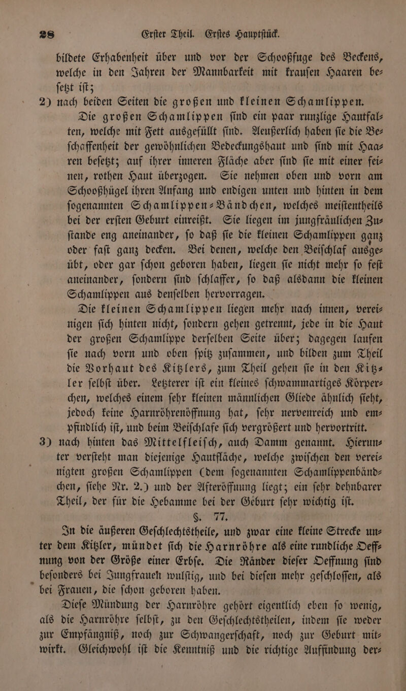 bildete Erhabenheit über und vor der Schooßfuge des Beckens, welche in den Jahren der Mannbarkeit mit krauſen Haaren be⸗ ſetzt iſt; 2) nach beiden Seiten die großen und kleinen Schamlippen. Die großen Schamlippen find ein paar runzlige Hautfal— ten, welche mit Fett ausgefüllt find. Aeußerlich haben fie die Be— ſchaffenheit der gewöhnlichen Bedeckungshaut und ſind mit Haa⸗ ren beſetzt; auf ihrer inneren Fläche aber ſind ſie mit einer fei— nen, rothen Haut überzogen. Sie nehmen oben und vorn am Schooßhügel ihren Anfang und endigen unten und hinten in dem ſogenannten Schamlippen-Bändchen, welches meiſtentheils bei der erſten Geburt einreißt. Sie liegen im jungfräulichen Zu⸗ ſtande eng aneinander, ſo daß ſie die kleinen Schamlippen ganz oder faſt ganz decken. Bei denen, welche den Beiſchlaf ausge⸗ übt, oder gar ſchon geboren haben, liegen ſie nicht mehr ſo feſt aneinander, ſondern ſind ſchlaffer, ſo daß alsdann die kleinen Schamlippen aus denſelben hervorragen. Die kleinen Schamlippen liegen mehr nach innen, vereis nigen ſich hinten nicht, ſondern gehen getrennt, jede in die Haut der großen Schamlippe derſelben Seite über; dagegen laufen ſie nach vorn und oben ſpitz zuſammen, und bilden zum Theil die Vorhaut des Kitzlers, zum Theil gehen ſie in den Kitz— ler ſelbſt über. Letzterer iſt ein kleines ſchwammartiges Körper— chen, welches einem ſehr kleinen mannlichen Gliede ähnlich ſieht, jedoch keine Harnröhrenöffnung hat, ſehr nervenreich und em— pfindlich iſt, und beim Beiſchlafe ſich vergrößert und hervortritt. 3) nach hinten das Mittelfleiſch, auch Damm genannt. Hierun⸗ ter verſteht man diejenige Hautfläche, welche zwiſchen den verei— nigten großen Schamlippen (dem ſogenannten Schamlippenbänd- chen, ſiehe Nr. 2.) und der Afteröffnung liegt; ein ſehr dehnbarer Theil, der für die Hebamme bei der Geburt ſehr wichtig iſt. Sir In die äußeren Geſchlechtstheile, und zwar eine kleine Strecke un⸗ ter dem Kitzler, mündet ſich die Harnröhre als eine rundliche Oeff— nung von der Größe einer Erbſe. Die Ränder dieſer Oeffnung ſind beſonders bei Jungfrauen wulſtig, und bei dieſen mehr geſchloſſen, als bei Frauen, die ſchon geboren haben. Dieſe Mündung der Harnröhre gehört eigentlich eben ſo wenig, als die Harnröhre ſelbſt, zu den Geſchlechtstheilen, indem ſie weder zur Empfängniß, noch zur Schwangerſchaft, noch zur Geburt mit— wirkt. Gleichwohl iſt die Kenntniß und die richtige Auffindung der—