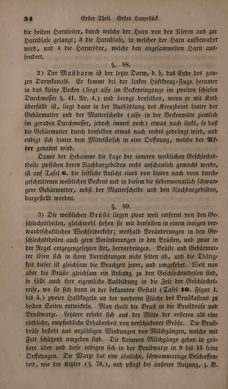 die beiden Harnleiter, durch welche der Harn von den Nieren aus zur Harnblaſe gelangt; 3 die Harnblaſe, in welcher der Harn aufbewahrt wird, und 4 die Harnröhre, welche den angeſammelten Harn aus⸗ ſondert. §. 88. 2) Der Maſtdarm iſt der letzte Darm, d. h. das Ende des gan— zen Darmkanals. Er kommt bei der linken Hüftkreuz-Fuge herunter in das kleine Becken (liegt alſo im Beckeneingange im zweiten ſchiefen Durchmeſſer §. 41. Nr. 4.) und beengt denſelben, wenn er mit Koth überfüllt iſt, liegt dann in der Aushöhlung des Kreuzbeins hinter der Gebärmutter und der Mutterſcheide Calfo in der Beckenmitte ziemlich im geraden Durchmeſſer, jedoch immer noch) etwas nach links, ſo daß die Gebärmutter durch denſelben etwas nach rechts gedrängt wird, und endigt ſich hinter dem Mittelfleiſch in eine Oeffnung, welche der Af— ter genannt wird. Damit der Hebamme die Lage der inneren weiblichen Geſchlechts— theile zwiſchen deren Nachbargebilden recht anſchaulich gemacht werde, iſt auf Tafel 6. die ſeitliche Anſicht eines von hinten nach vorn durch⸗ geſchnittenen weiblichen Beckens und in dieſem die ſiebenmonatlich ſchwan⸗ gere Gebärmutter, nebſt der Mutterſchende und den Nachhargetacen, dargeſtellt worden. 8. 89. 3) Die weiblichen Brüſte liegen zwar weit entfernt von den Ger, ſchlechtstheilen, gleichwohl ſtehen ſie mit denſelben in einem innigen ver⸗ wandtſchaftlichen Wechſelverkehr; weshalb Veränderungen in den Ger ſchlechtstheilen auch gern Veränderungen in den Brüſten, und zwar in der Regel entgegengeſetzter Art, hervorbringen. Brüſte und Gebärmut⸗ ter löſen ſich in ihren Verrichtungen nicht ſelten ab, und die Thätig⸗ keit dieſer iſt gleichſam die Brachzeit jener, und umgekehrt. Weil nun aber die Brüſte gleichſam ein Anhang zu den Geſchlechtstheilen ſind, ſo fällt auch ihre eigentliche Ausbildung in die Zeit der Geſchlechts— reife, wo ſie ſich dann in der bekannten Geſtalt (Tafel 40. Figur 1. bis 5.) zweier Halbkugeln an der vorderen Fläche des Bruſtkaſtens zu beiden Seiten entwickeln. Man theilt die Bruſt in die Bruſtdrüſe und Bruſtwarze. Letztere erhebt ſich aus der Mitte der erſteren als eine röthliche, empfindliche Erhabenheit von verſchiedener Größe. Die Bruſt⸗ drüſe beſteht aus unzähligen Windungen von Milchgängen, welche mit Fett ſchützend umgeben ſind. Die kleineren Milchgänge gehen in grö— ßere über und dieſe endigen ſich in der Bruſtwarze in 9 bis 15 feine Oeffnungen. Die Warze hat eine ähnliche, ſchwammartige Beſchaffen⸗ heit, wie der Kitzler (S. 76.), und pflegt bei äußerer Reizung, z. B.