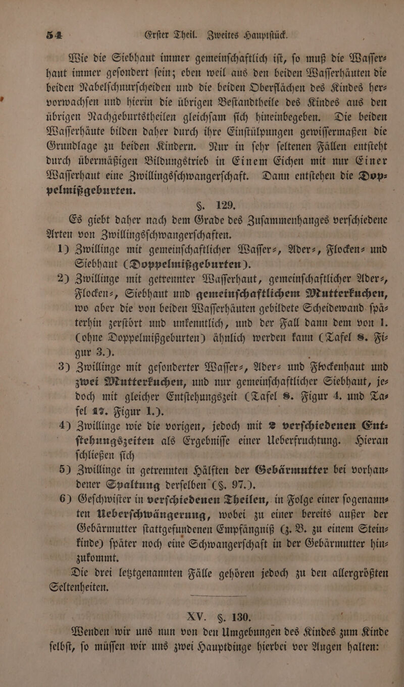 Wie die Siebhaut immer gemeinſchaftlich iſt, ſo muß die Waſſer⸗ haut immer geſondert ſein; eben weil aus den beiden Waſſerhäuten die beiden Nabelſchnurſcheiden und die beiden Oberflächen des Kindes her— vorwachſen und hierin die übrigen Beſtandtheile des Kindes aus den übrigen Nachgeburtstheilen gleichſam ſich hineinbegeben. Die beiden Waſſerhäute bilden daher durch ihre Einſtülpungen gewiſſermaßen die Grundlage zu beiden Kindern. Nur in ſehr ſeltenen Fällen entſteht durch übermäßigen Bildungstrieb in Einem Eichen mit nur Einer Waſſerhaut eine Zwillingsſchwangerſchaft. Dann entſtehen die Dop⸗ pelmißgeburten. 5 §. 129. Es giebt daher nach dem Grade des Zuſammenhanges verſchiedene Arten von Zwillingsſchwangerſchaften. 1) Zwillinge mit gemeinſchaftlicher Waſſer⸗, awer, Flocken⸗ und Siebhaut (Doppelmißgeburten). 2) Zwillinge mit getrennter Waſſerhaut, gemeinſchaftlicher Aderz, Flocken-, Siebhaut und gemeinſchaftlichem Mutterkuchen, wo aber die von beiden Waſſerhäuten gebildete Scheidewand ſpä⸗ terhin zerſtört und unkenntlich, und der Fall dann dem von 1. (ohne Doppelmißgeburten) ähnlich werden kann (Tafel 8. Fi⸗ gur 3.). 3) Zwillinge mit geſonderter Waſſer-, Ader- und Flockenhaut und zwei Mutterkuchen, und nur gemeinſchaftlicher Siebhaut, je⸗ doch mit gleicher Entſtehungszeit (Tafel 8. Figur 4. und Tas fel 42. Figur J.). 4) Zwillinge wie die vorigen, jedoch mit 2 verſchiedenen Ent: ſtehungszeiten als Era einer Ueberfruchtung. Hieran ſchließen ſich 5) Zwillinge in getrennten Hälften der Gebärmutter bel vorhan⸗ dener Spaltung derſelben (F. 97.). 6) Geſchwiſter in verſchiedenen Theilen, in Folge einer ſogenann⸗ ten Ueberſchwängerung, wobei zu einer bereits außer der Gebärmutter ſtattgefundenen Empfängniß (3. B. zu einem Stein⸗ kinde) ſpäter noch eine Hache in der Gebärmutter hin⸗ zukommt. Die drei letztgenannten Fälle gehören jedoch zu den allergrößten „ ee XV. F. 130. Wenden wir uns nun von den Umgebungen des Kindes zum Kinde ſelbſt, ſo müſſen wir uns zwei Hauptdinge hierbei vor Augen halten: