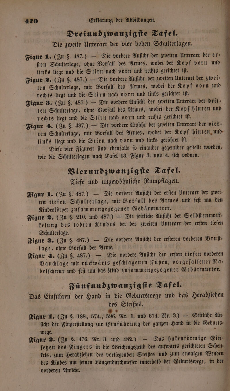 Dreiundzwanzigſte Tafel. Die zweite Unterart der vier hohen Schulterlagen. Figur 1. (Zu S. 487.) — Die vordere Anſicht der zweiten Unterart der er⸗ ſten Schulterlage, ohne Vorfall des Armes, wobei der Kopf vorn und links liegt und die Stirn nach vorn und rechts gerichtet iſt. Figur 2. (Zu $. 487.) — Die vordere Anſicht der zweiten Unterart der zwei⸗ ten Schulterlage, mit Vorfall des Armes, wobei der Kopf vorn und rechts liegt und die Stirn nach vorn und links gerichtet iſt. Figur 3. (Zu 5. 487.) — Die vordere Anſicht der zweiten Unterart der drit⸗ ten Schulterlage, ohne Vorfall des Armes, wobei der Kopf hinten und rechts liegt und die Stirn nach vorn und rechts gerichtet iſt. Figur 4. (Zu $. 487.) — Die vordere Anſicht der zweiten Unterart der vier⸗ ten Schulterlage, mit Vorfall des Armes, wobei der Kopf hinten, und- links liegt und die Stirn nach vorn und links gerichtet iſt. | | Dieſe vier Figuren ſind ebenfalls fo einander gegenüber geſtellt worden, wie die Schulterlagen nach Tafel 13. Figur 3. und 4. ſich ordnen. j Vierundzwanzigſte Tafel. ZN: | Tiefe und ungewöhnliche Rumpflagen. | Figur 1. (Zu S. 487.) — Die vordere Anſicht der erften Unterart der zwei⸗ ten tiefen Schulterlage, mit Vorfall des Armes und feſt um den Kindeskörper zuſammengezogener Gebärmutter. Figur 2. (Zu S. 210. und 487.) — Die ſeitliche Anſicht der Selbſtentwik⸗ kelung des todten Kindes bei der zweiten Unterart der erſten tiefen Schulterlage. a f Figur 3. (Zu $. 487.) — Die vordere Anſicht der erſteren vorderen Bruſt⸗ lage, ohne Vorfall der Arme. 0 | Figur 4. (Zu $. 487.) — Die vordere Anſicht der erſten tiefen vorderen Bauchlage mit rückwärts geſchlagenen Füßen, vorgefallener Na⸗ belſchnur und feſt um das Kind zuſammengezogener Gebärmutter. Fünfundzwanzigſte Tafel. Das Einführen der Hand in die Geburtswege und das Herabziehen ö des Steißes. 3 i . = . Figur 1. (Zu S. 188., 574., 596. Nr. 1. und 674. Nr. 3.) — Seitliche An⸗ 9 ſicht der Fingerſtellung zur Einführung der ganzen Hand in die Geburts⸗ ſetzen des Fingers in die Weichengegend des aufwärts gerichteten Schen⸗ N kels, zum Herabziehen des vorliegenden Steißes und zum etwaigen Wenden des Kindes um ſeinen Längendurchmeſſer innerhalb der Geburtswege, in der vorderen Anſicht. * wege. Figur 2. (Zu F. 476. Nr. 3. und 482.) — Das hakenförmige ein