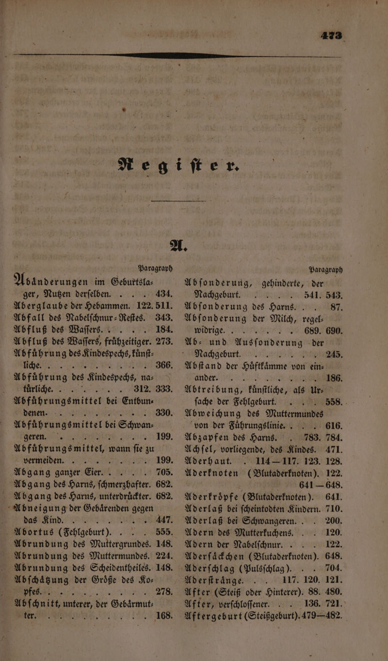 Paragraph Abaͤnderungen im Geburtsla⸗ ger, Nutzen derſelben. 434. Aberglaube der Hebammen. 122. 511. Abfall des Nabelſchnur-Reſtes. 343. Abfluß des Waffers. . Abfluß des Waſſers, fruͤhzeitiger. 273. Abführung des Kindespechs, Wi h Abführung des Kindespechs, na⸗ tuͤrliche. 7 312. 333. Abführungsmittel bei Entbun⸗ denen. Abführungsmittel bei Seon geren Ab fabrun gemittelt wann 155 zu vermeiden. &gt; Abgang ganzer Eier. 705. Abgang des Harns, ſchmerzhafter. 682. Abgang des Harns, unterdruͤckter. 682. Abneigung der Gebaͤrenden gegen das Kind. 2 71 447. Abortus (Fehlgeburt). 555. Abrundung des Muttergrundes. 148. Abrundung des Muttermundes. 224. Abrundung des Scheidentheiles. 148. Abſchaͤtzung der Größe des Ko⸗ 366. 330. 199. e 278. Abſ ani unterer, 2 Gebarmut⸗ Paragraph Abſonderung, gehinderte, der Nachgeburt. 541. 543. Abſonderung des Harns. . 87. Abſonderung der Milch, regel— widrige. . 689. 690. Ab- und Ausſonderung der Nachgeburt. e Abſtand der Huͤftkaͤmme von ein⸗ ander. u Abtreibung, künſtliche, als ur⸗ ſache der Fehlgeburt. Abweichung des Muttermundes von der Fuͤhrungslinie. 616. Abzapfen des Harns. 783. 784. Achſel, vorliegende, des Kindes. 471. Aderhaut. 114 — 117. 123. 128. Aderknoten (Blutaderknoten). 122. 641 — 648, Aderkroͤpfe (Blutaderknoten). 641. Aderlaß bei ſcheintodten Kindern. 710. 245. 186. 558. Aderlaß bei Schwangeren. . 200. Adern des Mutterkuchens. 120. Adern der Nabelſchnur.. 122. Aderfaͤckchen (Blutaderknoten). 648. Aderſchlag (Pulsſchlag). 704. 120. 121. After (Steiß oder Hinterer). 88. 480. After, verſchloſſener. 136. 721.