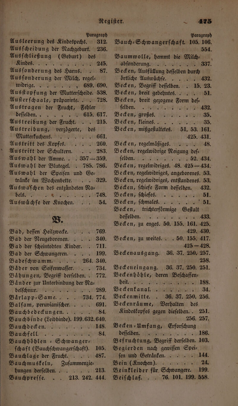 Ausfonderung der Milch, regel: Widrige. Si Gras Ausſtopfung der Mutterſcheide. 538. Austragen der Frucht, Fehler deſſelben.. 615. Austreibung der Frucht. 215. Austreibung, verzoͤgerte, des Mutterkuchens. 661. Austritt des Kopfes. 260. Austritt der Schultern. 283. Auswahl der Amme. . . 357 — 359. Auswahl der Blutegel. . 785. 786. traͤnke im Wochenbette. Auswaſſhen des entzuͤndeten Na⸗ bels. — B. Bad, deſſen Heilzwecke. 769. Bad der Neugeborenen. 340. Bad der ſcheintodten Kinder. . 711. Bad der Schwangeren. 199. Badeſchwamm. 264. 340. Baͤder von Seifenwaſſer. 734. Baͤhungen, Begriff derſelben. . 772. Baͤnder zur Unterbindung der Na⸗ belſchnur. ; y 289. Baͤrlapp⸗Same. 734. 774. Balſam, peruvianifcher. . 691. Bauhbedekungen . 2... 84 Bauchbinde (Leibbinde). 199.632.640. Bauchdecken. 148. ach fell!“ . rein, Bauchhoͤhlen - Schwanger: Bauchlage der Frucht. 487. Bauchmuskeln, Zuſammenzie⸗ hungen derſelben. 213. Regiſter. N — 4275 ; Paragraph Paragraph Ausleerung des Kindespechs. 312. Bauch Swengerſcaft 105. 106. Ausſcheidung der Nachgeburt. 236. 554. Ausſchließung (Geburt) des Baumwolle, hemmt bie Milch⸗ Kindes. ; 7250 245. abſonderung. 337. Becken, Ausfuͤllung deſſelben bu oͤrtliche Auswuͤchſe. 4 . 432. Becken, Begriff deffelben. 15. 23. Becken, breit gedehntes. . 51. Becken, breit AA 850 def; felben. . 432. Becken, großes. 35. Beck en, kleines. 1 l nd, Becken, mißgeſtaltetes. 51. 53. 161. 425. 431. Becken, regelmaͤß iges. 48. Becken, regelwidrige Neigung deſ— ſelben. e eee. Becken, regelwidriges. 48. 425 — 434. Becken, regelwidriges, angeborenes. 53. Becken, regelwidriges, entſtandenes. 53. Becken, ſchiefe Form deſſelben. 432. Becken, ſchiefs . 51. Becken, ſchmales. 51. Becken, ee Geſtalt deſſelben. 433. Becken, zu enges. 50. 155. 161. 425. 429. 430. Becken, zu weites... 50. 155. 417. 425 — 428. Beckenausgang. 36. 37. 250. 257. 258. Beckeneingang. 36. 37. 250. 251. Beckenhoͤhle, deren . heit.. 5 Enn 88. Beckenkanal EN Beckenmitte. 36. 37. 250. 256. Beckenraͤume, Verhalten des Kindeskopfes gegen dieſelben.. 251. 5 ; 256. 257. Becken-Umfang, Erforſchung deſſelben. 5 .. 186. Befruchtung, Begriff derſelben. 103. Begierden nach gewiſſen Spei⸗ fen und Getraͤnken. 144. Bein (Knochen). 244. Beinkleider fuͤr Schwangere. 199.