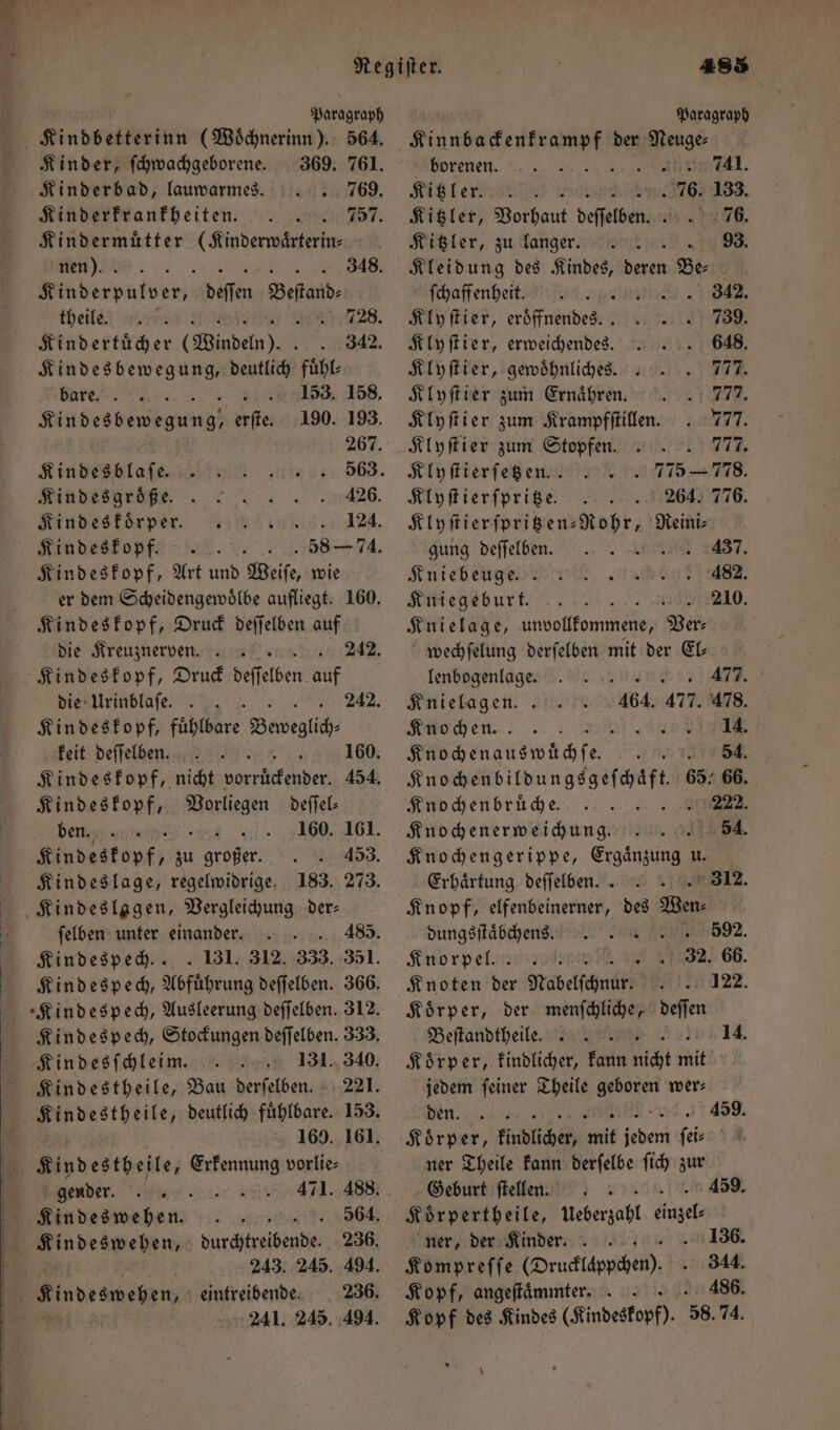 Paragraph Paragraph Kindbetterinn (Woͤchnerinn). 564. eee en der Neuge⸗ Kinder, ſchwachgeborene. 369. 761. borenen. „ „ l. Kinderbad, lauwarmes. 769. Kitzler. . 76. 133. Kinderkrankheiten. 757. Kitzler, Vorhaut deſſelben Ae Aeg. Kindermuͤtter (Kinderwaͤrterin⸗ Kitzler, zu langer. 93. nen). 348. Kleidung des Kindes, Den Be Kinderpulver, deſſen Bekam. ſchaffenheit. 342. theils mia 3 728. Klyſtier, eröffnendes. . 739. Kindertuͤcher (Windeln). 342. Klyſtier, erweichendes. 648. Kindesbewegung, deutlich fuͤhl— Klyſtier, gewoͤhnliches. . 777. bare. ; 153. 158. Klyſtier zum Ernähren. 777. Kindes bewegung erſte. 190. 193. Klyſtier zum Krampfſtillen. . 777. 267. Klyſtier zum Stopfen. 777. Kindesblaſe. 563. Klyſtierſetzen.. 775 - 778. Kindesgroͤße. 426. Klyſtierſpritze. 264. 776. Kindeskoͤrper. 124. Klyſtierſpritzen-Rohr, Reini⸗ Kindeskopf. 58 — 74. gung deſſelben. 5 2437, Kindeskopf, Art und Weiſe, wie Kniebeuge. . 482. er dem Scheidengewoͤlbe aufliegt. 160. Kniegeburt. 210. Kindeskopf, Druck deſſelben auf Knielage, unvollkommene, Ver die Kreuznerven 242. wechſelung derſelben mit der El— Kindeskopf, Druck Weſfeber daf lenbogenlage. neee die Urinblaſe. 242. Knielagen. 464. 477. 478. Kindeskopf, fuͤhlbare Beweglich⸗ Knochen. e keit deſſelben. „160 nns wüch fe nn re Kindeskopf, Vorliegen deſſel— den ) ene 160. 161. Kindeskopf, zu großer. 453. Kindeslage, regelwidrige. 183. 273. Kindeslagen, Vergleichung der: ſelben unter einander.. . 485. Kindespech.. . 131. 312. 333. 351. Kindespech, Abfuͤhrung deſſelben. 366. Kindespech, Stockungen deſſelben. 333. Kindesſchleim. 131. 340. Kindestheile, Bau derſelben. 221. Kindestheile, deutlich fuͤhlbare. 153. 169. 161. 471. 488. L ene 564. durchtreibende. 236. 243. 245. 494. eintreibende. 236. 241. 245. 494. gender. Kindeswehen. Kindeswehen, „ 65. 66. Knochenbruͤche. 2 222. Knochener weichung. 54. Knochengerippe, Ergaͤnzung u. Erhaͤrtung deffelben. . „u 312. Knopf, elfenbeinerner, des Wen: dungsſtaͤbchens. 592. Knorpel. 32. 66. Knoten der Nabelſchnur. 122. Koͤrper, der menſchliche, deſſen Beſtandtheile. . 14. Koͤrper, kindlicher, kann nicht mit jedem ſeiner Theile Be wer: n Ann 459. Koͤrper, kindlicher, mit ben ſei⸗ ner Theile kann derſelbe ſich zur Geburt ftellen. 0 K oͤrpertheile, Nabergabl nz ner, der Kinder. 136. Kompreſſe (Drucklaͤppchen). 344. Kopf, angeſtaͤmmter. 486 Kopf des Kindes (Kindeskopf). 98.74. 459.