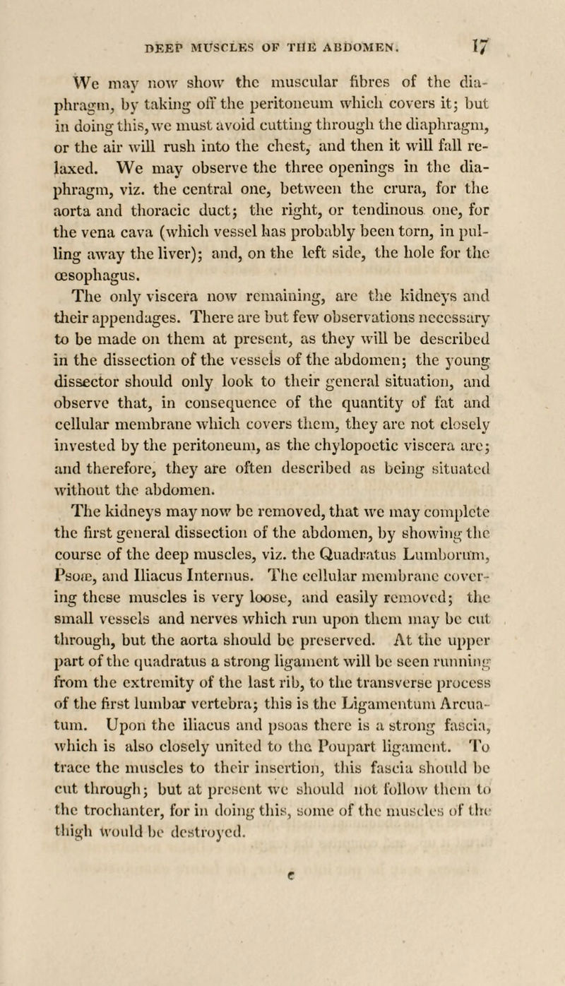 We may now show the muscular fibres of the dia¬ phragm, by taking off the peritoneum which covers it; but in doing this, we must avoid cutting through the diaphragm, or the air will rush into the chest, and then it will fall re¬ laxed. We may observe the three openings in the dia¬ phragm, viz. the central one, between the crura, for the aorta and thoracic duct; the right, or tendinous one, for the vena cava (which vessel has probably been torn, in pul¬ ling away the liver); and, on the left side, the hole for the oesophagus. The only viscera now remaining, are the kidneys and their appendages. There are but few observations necessary to be made on them at present, as they will be described in the dissection of the vessels of the abdomen; the young dissector should only look to their general situation, and observe that, in consequence of the quantity of fat and cellular membrane which covers them, they are not closely invested by the peritoneum, as the chylopoetic viscera are; and therefore, they are often described as being situated without the abdomen. The kidneys may now be removed, that we may complete the first general dissection of the abdomen, by showing the course of the deep muscles, viz. the Quadrates Lumborum, Psoie, and Iliacus Interims. The cellular membrane cover¬ ing these muscles is very loose, and easily removed; the small vessels and nerves which run upon them may be cut through, but the aorta should be preserved. At the upper part of the quadratus a strong ligament will be seen running from the extremity of the last rib, to the transverse process of the first lumbar vertebra; this is the Ligamentum Arcua- tum. Upon the iliacus and psoas there is a strong fascia, which is also closely united to the Poupart ligament. To trace the muscles to their insertion, this fascia should be cut through; but at present we should not follow them to the trochanter, for in doing this, some of the muscles of the thigh Would be destroyed. e