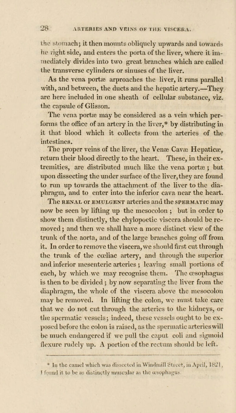 the stomach; it then mounts obliquely upwards and towards he right side, and enters the porta of the liver, where it im¬ mediately divides into two great branches which are called the transverse cylinders or sinuses of the liver. As the vena portae arproaches the liver, it runs parallel with, and between, the ducts and the hepatic artery.—They are here included in one sheath of cellular substance, viz. the capsule of Glisson. The vena portie may be considered as a vein which per¬ forms the office of an artery in the liver,* by distributing in it that blood which it collects from the arteries of the intestines. The proper veins of the liver, the Venae Cavae Hepaticae, return their blood directly to the heart. These, in their ex¬ tremities, are distributed much like the vena portae; but upon dissecting the under surface of the liver, they are found to run up towards the attachment of the liver to the dia¬ phragm, and to enter into the inferior cava near the heart. The renal or emulgent arteries and the spermatic may now be seen by lifting up the mesocolon ; but in order to show them distinctly, the chylopoctic viscera should be re¬ moved ; and then we shall have a more distinct view of the trunk of the aorta, and of the large branches going off from it. In order to remove the viscera, we should first cut through the trunk of the coeliac artery, and through the superior and inferior mesenteric arteries ; leaving small portions of each, by which we may recognise them. The oesophagus is then to be divided ; by now separating the liver from the diaphragm, the whole of the viscera above the mesocolon may be removed. In lifting the colon, we must take care that we do not cut through the arteries to the kidneys, or the spermatic vessels; indeed, these vessels ought to be ex¬ posed before the colon is raised, as the spermatic arteries will be much endangered if we pull the caput coli and sigmoid flexure rudely up. A portion of the rectum should be left. * In the camel which was dissected in Windmill Street, in April, lSl’ 1, I found it to be as distinctly muscular as the oesophagus