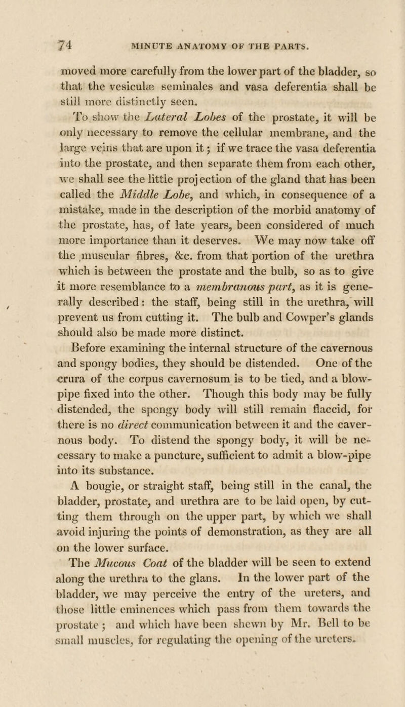 moved more carefully from the lower part of the bladder, so that the vesicular seminales and vasa deferentia shall be still more distinctly seen. To show the Lateral Lol>es of the prostate, it will be only necessary to remove the cellular membrane, and the large veins that are upon it; if we trace the vasa deferentia into the prostate, and then separate them from each other, we shall see the little proj ection of the gland that has been called the Middle Lobe, and which, in consequence of a mistake, made in the description of the morbid anatomy of the prostate, has, of late years, been considered of much more importance than it deserves. We may now take off the .muscular fibres, &c. from that portion of the urethra which is between the prostate and the bulb, so as to give it more resemblance to a membranous part, as it is gene¬ rally described: the staff, being still in the urethra, will prevent us from cutting it. The bulb and Cowper’s glands should also be made more distinct. Before examining the internal structure of the cavernous and spongy bodies, they should be distended. One of the crura of the corpus cavernosum is to be tied, and a blow¬ pipe fixed into the other. Though this body may be fully distended, the spongy body will still remain flaccid, for there is no direct communication between it and the caver¬ nous body. To distend the spongy body, it will be ne¬ cessary to make a puncture, sufficient to admit a blow-pipe into its substance. A bougie, or straight staff, being still in the canal, the bladder, prostate, and urethra are to be laid open, by cut¬ ting them through on the upper part, by which we shall avoid injuring the points of demonstration, as they are all on the lower surface. The Mucous Coat of the bladder will be seen to extend along the urethra to the glans. in the lower part of the bladder, we may perceive the entry of the ureters, and those little eminences which pass from them towards the prostate ; and which have been shewn by Mr. Bell to be small muscles, for regulating the opening of the ureters.
