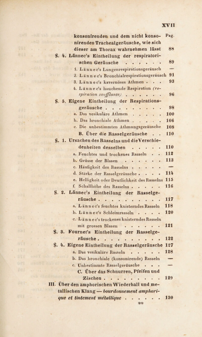 konsonirenden und dem nicht konso- Pag- nirenden Trachealgeräusche, wie sich dieser am Thorax wahrnehmen lässt 88 §. 4. Lännec’s Einteilung der respiratori¬ schen Geräusche ...... 89 1. Lännec’s Lungenrespirationsgeräusch — 2. Lännec’s Bronchialrespirationsgeräusch 91 3. Lännec’s kavernöses Athmen ... 93 4. Lännec’s hauchende Respiration (re- spiration soufflantej.96 §. 5, Eigene Einteilung der Respirations¬ geräusche .98 a. Das vesikuläre Athmen.100 b. Das bronchiale Athmen ..... 106 c. Die unbestimmten Athmungsgeräusche 108 B. Über die Rasselgeräusche . . 110 §. 1. Ursachen des Rasseins und dieVerschie- denheiten desselben.110 a. Feuchtes und trockenes Rasseln • • 112 b. Grösse der Blasen. 113 c. Häufigkeit des Rasseins. d. Stärke der Rasselgeräusche . . . « 114 e. Helligkeit oder Deutlichkeit des Rasseins 115 f. Schallhöhe des Rasseins ..... 116 §- 2. Lännec’s Einteilung der Rasselge¬ räusche .117 a. Lännec’s feuchtes knisterndes Rasseln 118 b. Lännec’s Schleimrasseln . . . • 120 c. L ä n n e c’s trockenes knisterndes Rasseln mit grossen Blasen ...... 121 §. 8. Fournet’s Einteilung der Rasselge¬ räusche . . . 122 §. 4. Eigene Einteilung der Rasselgeräusche 127 a. Das vesikuläre Rasseln.128 b. Das bronchiale (konsonirende) Rasseln — c. Unbestimmte Rasselgeräusche ... — C. Über das Schnurren, Pfeifen und Zischen.129 III- Über den amphorischen Wiederhall und me¬ tallischen Klang — bourdonnement amphori- que et tintement metallique ...... 130