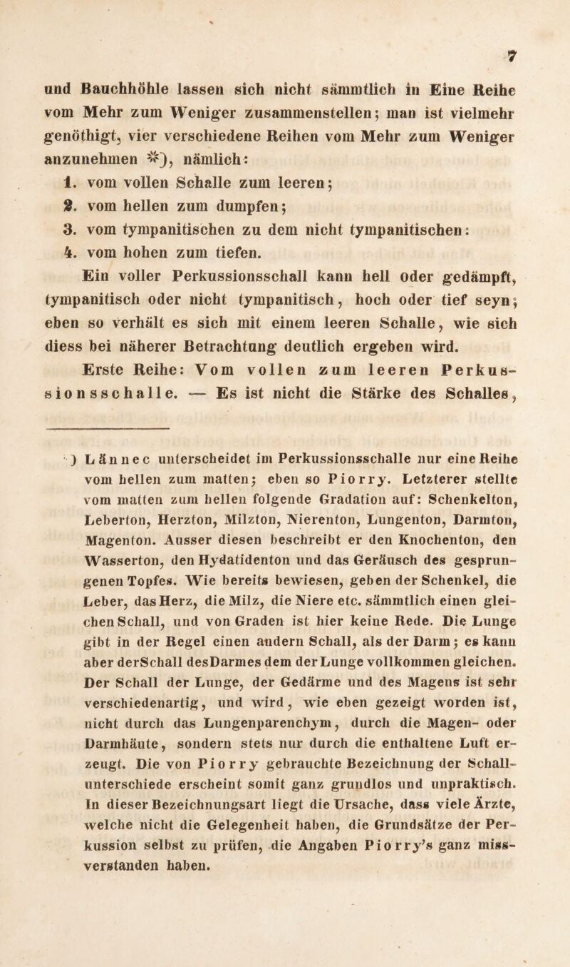 und Bauchhöhle lassen sich nicht sämmtlich in Eine Reihe vom Mehr zum Weniger zusammenstellen; man ist vielmehr genöthigt, vier verschiedene Reihen vom Mehr zum Weniger anzunehmen #), nämlich: 1. vom vollen Schalle zum leeren; 2. vom hellen zum dumpfen; 3. vom tympanitischen zu dem nicht tympanitischen: 4. vom hohen zum tiefen. Ein voller Perkussionsschall kann hell oder gedämpft* tympanitisch oder nicht tympanitisch, hoch oder tief seyn; eben so verhält es sich mit einem leeren Schalle, wie sich diess bei näherer Betrachtung deutlich ergeben wird. Erste Reihe: Vom vollen zum leeren Perkus¬ sionsschalle. — Es ist nicht die Stärke des Schalles, ) Lännec unterscheidet im Perkussionsschalle nur eine Reihe vom hellen zum matten; eben so Piorry. Letzterer stellte vom matten zum hellen folgende Gradation auf: Schenkelton, Leberton, Herzton, Milzton, Nierenton, Lungenton, Darmton, Magenton. Ausser diesen beschreibt er den Knochenton, den Wasserton, den Hydatidenton und das Geräusch des gesprun¬ genen Topfes. Wie bereits bewiesen, geben der Schenkel, die Leber, das Herz, die Milz, die Niere etc. sämmtlich einen glei¬ chen Schall, und von Graden ist hier keine Rede. Die Lunge gibt in der Regel einen andern Schall, als der Darm; es kann aber derScliall desDarmes dem der Lunge vollkommen gleichen. Der Schall der Lunge, der Gedärme und des Magens ist sehr verschiedenartig, und wird, wie eben gezeigt worden ist, nicht durch das Lungenparenchym, durch die Magen- oder Darmhäute, sondern stets nur durch die enthaltene Luft er¬ zeugt. Die von Piorry gebrauchte Bezeichnung der Schall¬ unterschiede erscheint somit ganz grundlos und unpraktisch, ln dieser Bezeichnungsart liegt die Ursache, dass viele Ärzte, welche nicht die Gelegenheit haben, die Grundsätze der Per¬ kussion selbst zu prüfen, die Angaben Piorry’s ganz miss¬ verstanden haben.