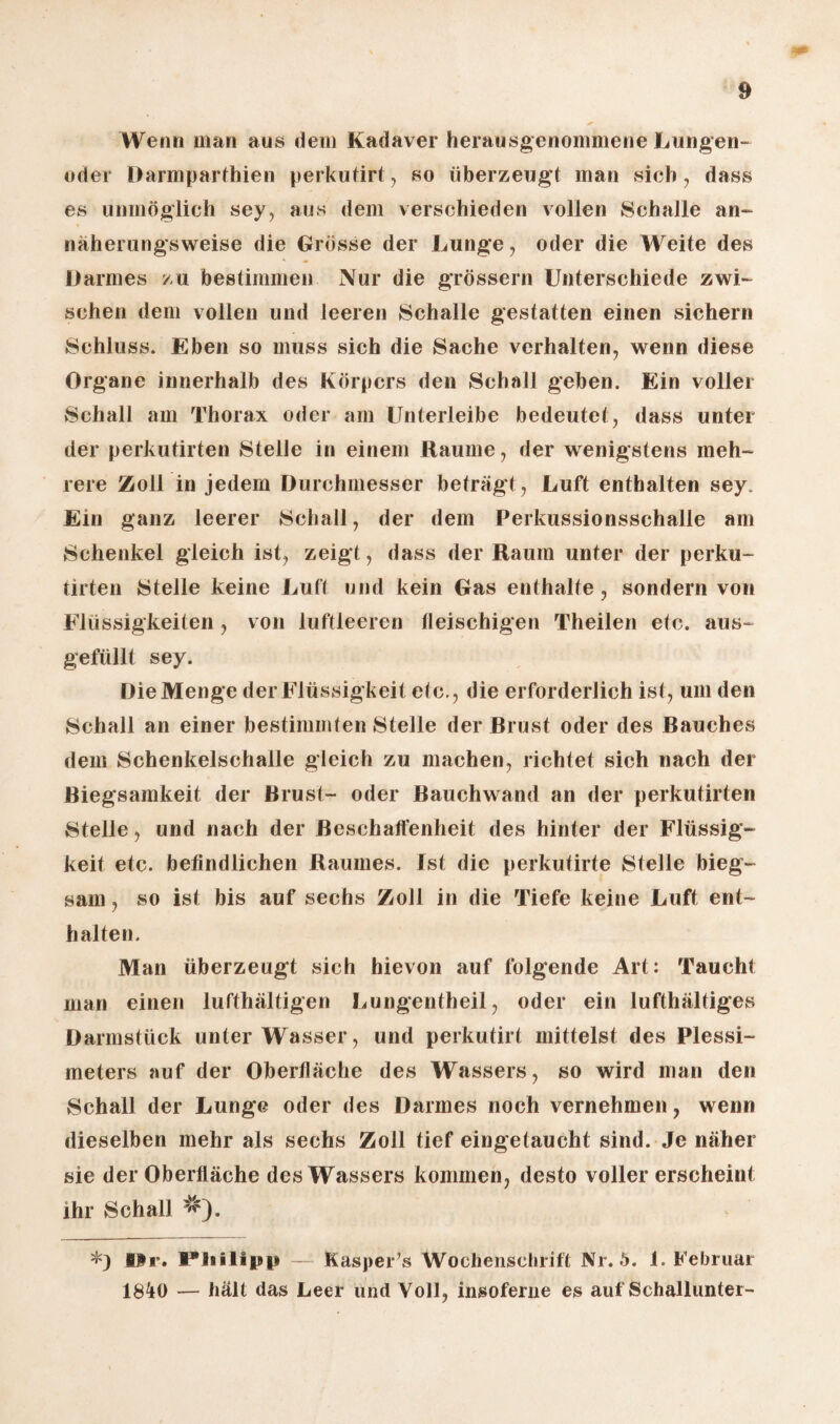 Wenn man aus dem Kadaver herausgenommene Lungen- oder Darmparthien perkutirt, so überzeugt man sich, dass es unmöglich sey, aus dem verschieden vollen Schalle an¬ näherungsweise die Grösse der Lunge, oder die Weite des Darmes zu bestimmen Nur die grossem Unterschiede zwi¬ schen dem vollen und leeren Schalle gestatten einen sichern Schluss. Eben so muss sich die Sache verhalten, wenn diese Organe innerhalb des Körpers den Schall geben. Ein voller Schall am Thorax oder am Unterleibe bedeutet, dass unter der perkutirten Stelle in einem Raume, der wenigstens meh¬ rere Zoll in jedem Durchmesser beträgt, Luft enthalten sey. Ein ganz leerer Schall, der dem Perkussionsschalle am Schenkel gleich ist, zeigt, dass der Raum unter der perku¬ tirten Stelle keine Luft und kein Gas enthalte, sondern von Flüssigkeiten, von luftleeren fleischigen Theilen etc. aus¬ gefüllt sey. Die Menge der Flüssigkeit etc., die erforderlich ist, um den Schall an einer bestimmten Stelle der Brust oder des Bauches dem Schenkelschalle gleich zu machen, richtet sich nach der Biegsamkeit der Brust- oder Bauchwand an der perkutirten Stelle, und nach der Beschaffenheit des hinter der Flüssig¬ keit etc. befindlichen Raumes. Ist die perkutirte Stelle bieg¬ sam , so ist bis auf sechs Zoll in die Tiefe keine Luft ent¬ halten. Man überzeugt sich hievon auf folgende Art: Taucht man einen lufthaltigen Lungentheil, oder ein lufthaltiges Darmstück unterWasser, und perkutirt mittelst des Plessi¬ meters auf der Oberfläche des Wassers, so wird man den Schall der Lunge oder des Darmes noch vernehmen, wenn dieselben mehr als sechs Zoll tief eingetaucht sind. Je näher sie der Oberfläche des Wassers kommen, desto voller erscheint ihr Schall *) lfr. — Kasper’s Wochenschrift Nr. 5. 1. Februar 1840 — hält das Leer und Voll, insoferne es auf Schallunter-