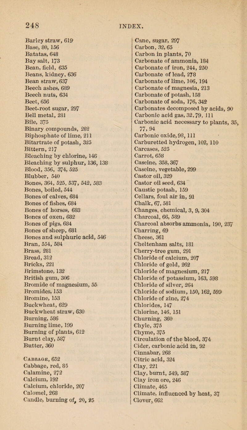 Barley straw, 619 Base, 80, 156 Batatas, 648 Bay salt, 173 Bean, field, 635 Beans, kidney, 636 Bean straw, 637 Beech ashes, 689 Beech nuts, 634 Beet, 656 Beet-root sugar, 297 Bell metal, 281 Bile, 375 Binary compounds, 282 Biphosphate of lime, 2] 1 Bitartrate of potash, 325 Bittern, 217 Bleaching by chlorine, 146 Bleaching by sulphur, 136,138 Blood, 356, 374, 525 Blubber, 540 Bones, 364, 525, 537, 542, 583 Bones, boiled, 544 Bones of calves, 684 Bones of fishes, 684 Bones of horses, 683 Bones of oxen, 682 Bones of pigs, 684 Bones of sheep, 681 Bones and sulphuric acid, 546 Bran, 554, 584 Brass, 281 Bread, 312 Bricks, 221 Brimstone, 132 British gum, 306 Bromide of magnesium, 55 Bromides, 153 Bromine, 153 Buckwheat, 629 Buckwheat straw, 630 Burning, 586 Burning lime, 199 Burning of plants, 612 Burnt clay, 587 Butter, 360 Cabbage, 652 Cabbage, red, 85 Calamine, 272 Calcium, 192 Calcium, chloride, 207 Calomel, 268 Candle, burning of, 20, 25 Cane, sugar, 297 Carbon, 32, 65 Carbon in plants, 70 Carbonate of ammonia, 184 Carbonate of iron, 244, 250 Carbonate of lead, 278 Carbonate of lime, 106, 194 Carbonate of magnesia, 213 Carbonate of potash, 158 Carbonate of soda, 176, 342 Carbonates decomposed by acids, 90 Carbonic acid gas, 32,79, 111 Carbonic acid necessary to plants, 35, 77, 94 Carbonic oxide,98, 111 Carburetted hydrogen, 102, 110 Carcases, 525 Carrot, 658 Caseine, 358,367 Caseine, vegetable, 299 Castor oil, 329 Castor oil seed, 634 Caustic potash, 159 Cellars, foul air in, 91 Chalk, 67, 581 Changes, chemical, 3, 9, 304 Charcoal, 66, 589 Charcoal absorbs ammonia, 190, 237 Charring, 69 Cheese, 361 Cheltenham salts, 181 Cherry-tree gum, 291 Chloride of calcium, 207 Chloride of gold, 262 Chloride of magnesium, 217 Chloride of potassium, 163, 598 Chloride of silver, 264 Chloride of sodium, 150, 162, 599 Chloride of zinc, 274 Chlorides, 147 Chlorine, 146, 151 Churning, 360 Chyle, 375 Chyme, 375 Circulation of the blood, 374 Cider, carbonic acid in, 92 Cinnabar, 268 Citric acid, 324 Clay,221 Clay, burnt, 549, 587 Clay iron ore, 246 Climate, 465 Climate, influenced by heat, 37 Clover, 662