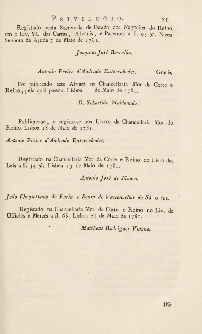 Registado nesta Secretaria de Estado dos Negocios do Reino em o Liv. VI. das Cartas, Alvarás, e Patentes a íl. 9j y. Nossa Senhora da Ajuda 7 de Maio de 1781. Joaquim José Borralho. Antonio Freire d’Andrade Enserrabodes. Grátis. Foi publicado este Alvará na Chancellaria Mor da Corte e Reino, pela qual passou. Lisboa de Maio de 1781. D. Sebastião Maldonado. Publique-se, e registe-se nos Livros da Chancellaria Mor do Reino. Lisboa 18 de Maio de 1781. Antonio Freire d'Andrade Enserrabodes. Registado na Chancellaria Mor da Corte e Reino no Livro das Leis a fl. 34 Lisboa 19 de Maio de 1781. Antonio José de Moura. João Chrysostomo de Faria e Sousa de Vasconcellos de Sá o fez. Registado na Chancellaria Mor da Corte e Reino no Liv. de Offícios e Mercês a fl. 68. Lisboa 21 de Maio de 1781. Mattheus Rodrigues Vianna*