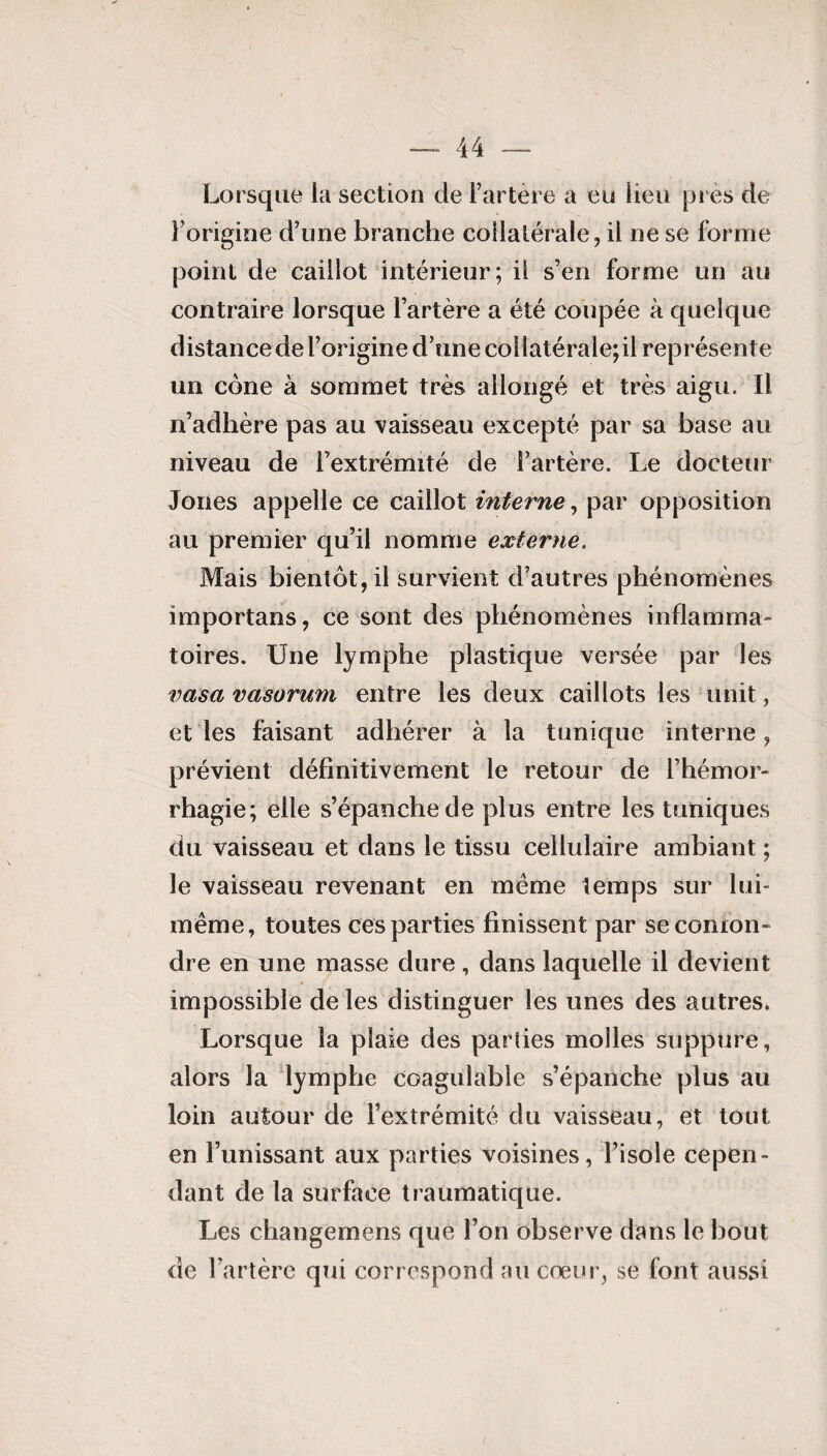 Lorsque la section de l’artère a eu lieu près de l’origine d’une branche collatérale, il ne se forme point de caillot intérieur; il s’en forme un au contraire lorsque l’artère a été coupée à quelque distance de l’origine d’une coi latérale;il représente un cône à sommet très allongé et très aigu. Il n’adhère pas au vaisseau excepté par sa base au niveau de l’extrémité de l’artère. Le docteur Jones appelle ce caillot interne, par opposition au premier qu’il nomme externe. Mais bientôt, il survient d’autres phénomènes importans, ce sont des phénomènes inflamma¬ toires. Une lymphe plastique versée par les rasa vasorum entre les deux caillots les unit, et les faisant adhérer à la tunique interne, prévient définitivement le retour de l’hémor¬ rhagie; elle s’épanche de plus entre les tuniques du vaisseau et dans le tissu cellulaire ambiant ; le vaisseau revenant en meme temps sur lui- même, toutes ces parties finissent par seconron- dre en une masse dure, dans laquelle il devient impossible de les distinguer les unes des autres* Lorsque la plaie des parues molles suppure, alors la lymphe coagulable s’épanche plus au loin autour de l’extrémité du vaisseau, et tout en l’unissant aux parties voisines, l’isole cepen¬ dant de la surface traumatique. Les changemens que l’on observe dans le bout de l’artère qui correspond au cœur, se font aussi