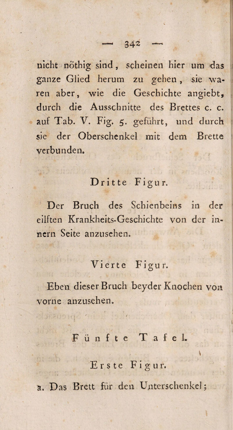 nicht nöthig sind, scheinen hier um das ganze Glied herum zu gehen, sie wa¬ ren aber, wie die Geschichte angiebt, durch die Ausschnitte des Brettes c. c. auf Tab. V. Fig. 5. geführt, und durch sie der Oberschenkel mit dem Brette verbunden. Dritte Figur, Der Bruch des Schienbeins in der eilften Krankheits-Geschichte von der in- nern Seite anzusehen. Vierte ¥ i g u r. Eben dieser Bruch beyder Knochen von vorne anzusehen. Fünfte Tafel. ■ } Erste Figur. *. D as Brett für den Unterschenkel;