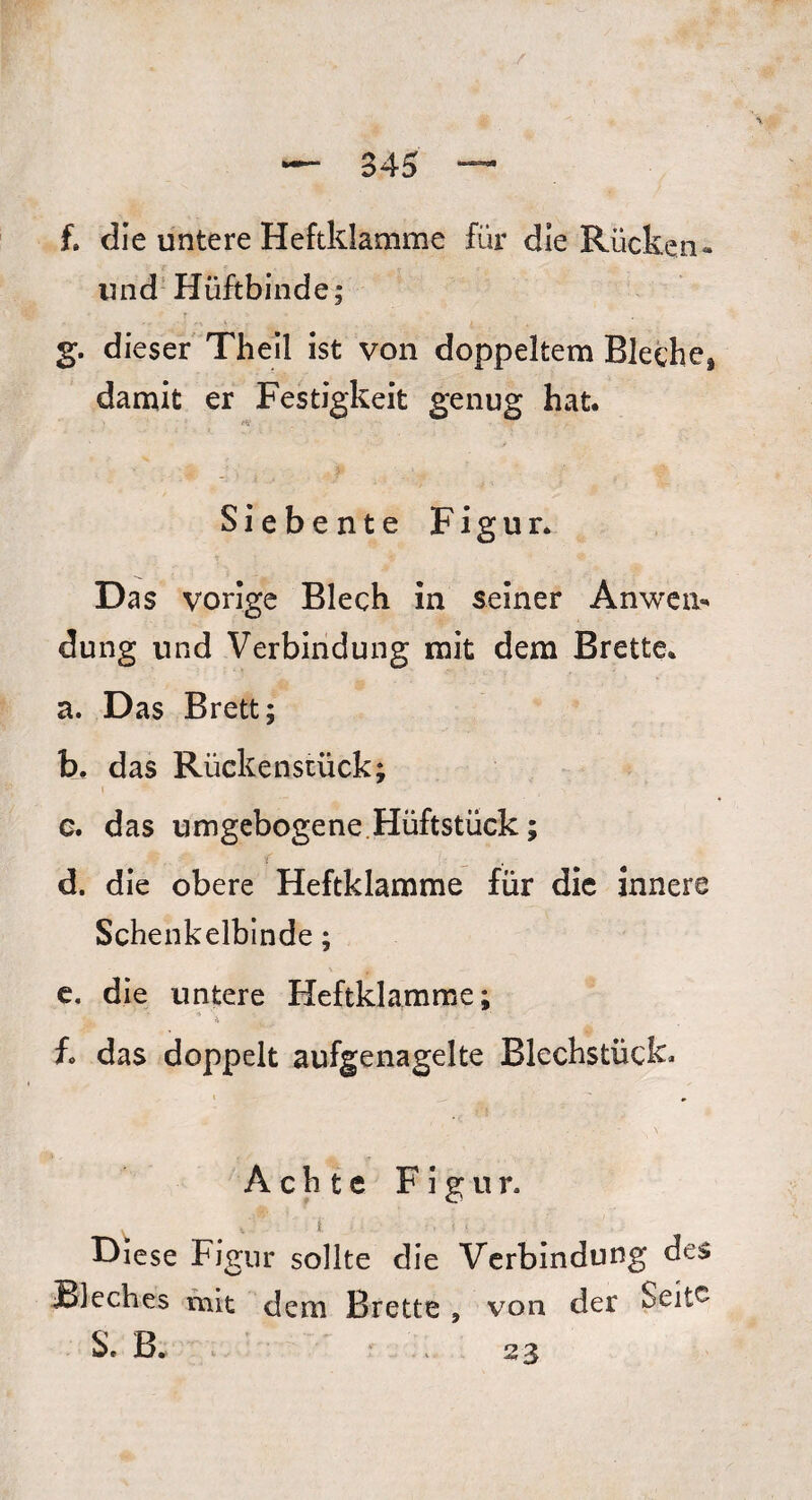 f. die untere Heftklamme für die Rücken« und Hüftbinde; g. dieser Theil ist von doppeltem Bleehej damit er Festigkeit genug hat. ■ Siebente Figur. Das vorige Blech in seiner Anwen« düng und Verbindung mit dem Brette. a. Das Brett; b. das Rückenstück; i c. das umgebogene.Hüftstück; d. die obere Heftklamme für die innere Schenkelbinde; e. die untere Heftklamme; *  w ‘ ' *’ fo das doppelt aufgenagelte Blechstück* * Achte Figur. v , *’ i • <; - Diese Figur sollte die Verbindung des Bleches mit dem Brette , von der Seit^ S. B. 2 3