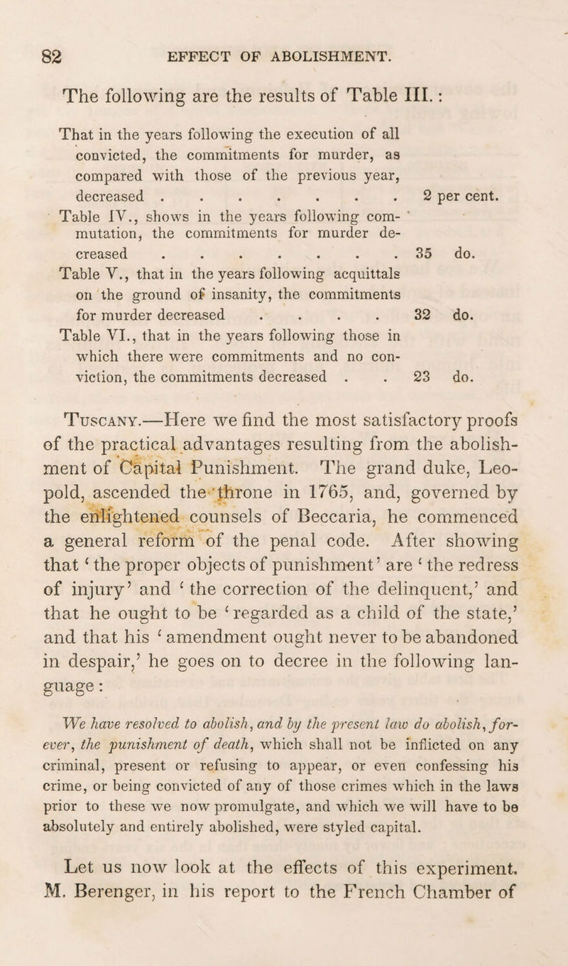 The following are the results of Table III.: That in the years following the execution of all convicted, the commitments for murder, as compared with those of the previous year, decreased ....... 2 per cent. Table IV., shows in the years following com- ‘ mutation, the commitments for murder de¬ creased ....... 35 do. Table V., that in the years following acquittals on the ground of insanity, the commitments for murder decreased .... 32 do. Table VI., that in the years following those in which there were commitments and no con¬ viction, the commitments decreased . . 23 do. Tuscany.—Here we find the most satisfactory proofs of the practical advantages resulting from the abolish¬ ment of Capital Punishment. The grand duke, Leo¬ pold, ascended the Throne in 1765, and, governed by the enlightened counsels of Beccaria, he commenced a general reform of the penal code. After showing that c the proper objects of punishment ’ are £ the redress of injury’ and c the correction of the delinquent,’ and that he ought to be ‘ regarded as a child of the state,’ and that his £ amendment ought never to be abandoned in despair,’ he goes on to decree in the following lan¬ guage : We have resolved to abolish, and by the present law do abolish, for¬ ever, the punishment of death, which shall not be inflicted on any criminal, present or refusing to appear, or even confessing his crime, or being convicted of any of those crimes which in the laws prior to these we now promulgate, and which we will have to b8 absolutely and entirely abolished, were styled capital. Let us now look at the effects of this experiment. M. Berenger, in his report to the French Chamber of