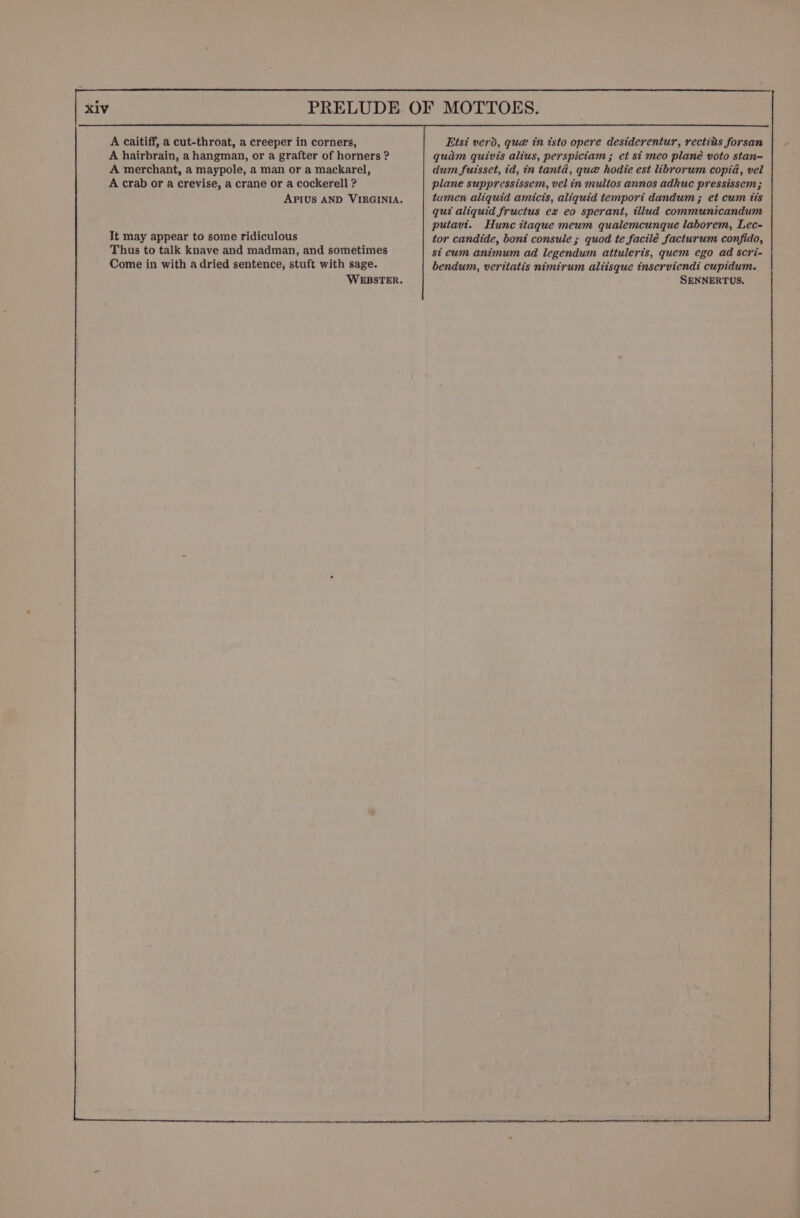 Xiv It may appear to some ridiculous Thus to talk knave and madman, and sometimes Come in with a dried sentence, stuft with sage. WEBSTER. Etsi verd, que tn isto opere desiderentur, rectirs forsan quam quivis alius, perspiciam ; et st meo plané voto stan- dum fuisset, td, in tanta, que hodie est librorum copia, vel plane suppressissem, vel in multos annos adhuc pressissem; tamen aliquid amicis, aliquid temport dandum ; et cum tis quit aliquid fructus ex eo sperant, tllud communicandum putavt. Hunc ttaque meum qualemcunque laborem, Lec- tor candide, boni consule ; quod te facilé facturum confido, st eum animum ad legendum attuleris, quem ego ad scri- bendum, veritatis nimirum aliisque inserviendi cupidum. SENNERTUS.