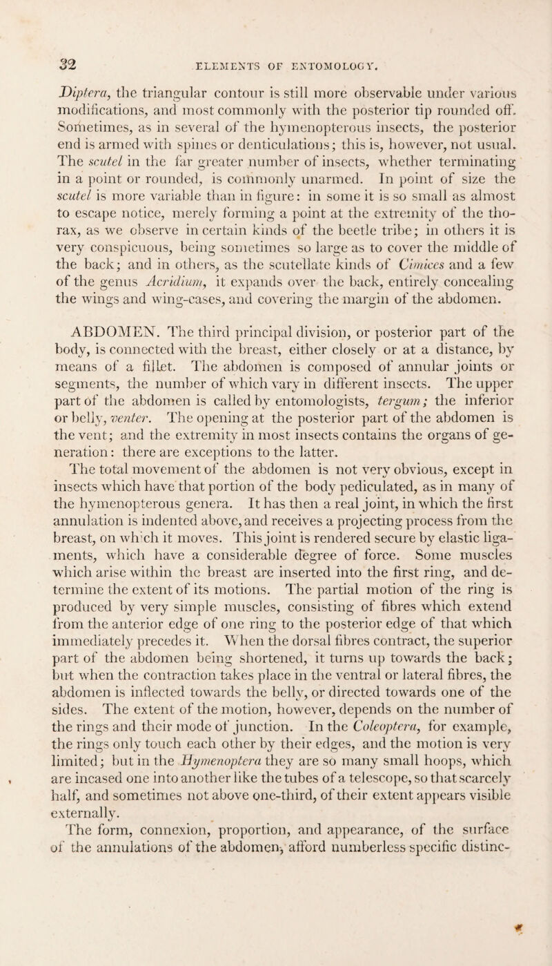 Diptera, the triangular contour is still more observable under various modifications, and most commonly with the posterior tip rounded oft'. Sometimes, as in several of the hyinenopterous insects, the posterior end is armed with spines or denticulations; this is, however, not usual. The scutel in the far greater number of insects, whether terminating in a point or rounded, is commonly unarmed. In point of size the scutel is more variable than in figure: in some it is so small as almost to escape notice, merely forming a point at the extremity of the tho¬ rax, as we observe in certain kinds of the beetle tribe; in others it is very conspicuous, being sometimes so large as to cover the middle of the back; and in others, as the scutellate kinds of Cimlces and a few of the genus Acridium, it expands over the back, entirely concealing the wings and wing-cases, and covering the margin of the abdomen. ABDOMEN. The third principal division, or posterior part of the body, is connected with the breast, either closely or at a distance, by means of a fillet. The abdomen is composed of annular joints or segments, the number of which vary in different insects. The upper part of the abdomen is called by entomologists, ter gum; the inferior or belly, venter. The opening at the posterior part of the abdomen is the vent; and the extremity in most insects contains the organs of ge¬ neration : there are exceptions to the latter. The total movement of the abdomen is not very obvious, except in insects which have that portion of the body pediculated, as in many of the hyinenopterous genera. It has then a real joint, in which the first annulation is indented above, and receives a projecting process from the breast, on which it moves. This joint is rendered secure by elastic liga¬ ments, which have a considerable degree of force. Some muscles which arise within the breast are inserted into the first ring, and de¬ termine the extent of its motions. The partial motion of the ring is produced by very simple muscles, consisting of fibres which extend from the anterior edge of one ring to the posterior edge of that which immediately precedes it. When the dorsal fibres contract, the superior part of the abdomen being shortened, it turns up towards the back; but when the contraction takes place in the ventral or lateral fibres, the abdomen is inflected towards the bellv, or directed towards one of the sides. The extent of the motion, however, depends on the number of the rings and their mode of junction. In the Coleoptera, for example, the rings only touch each other by their edges, and the motion is very limited; but in the Hymenoptera they are so many small hoops, which are incased one into another like the tubes of a telescope, so that scarcely half, and sometimes not above one-third, of their extent appears visible externally. The form, connexion, proportion, and appearance, of the surface of the annulations of the abdomen-, afford numberless specific distinc-