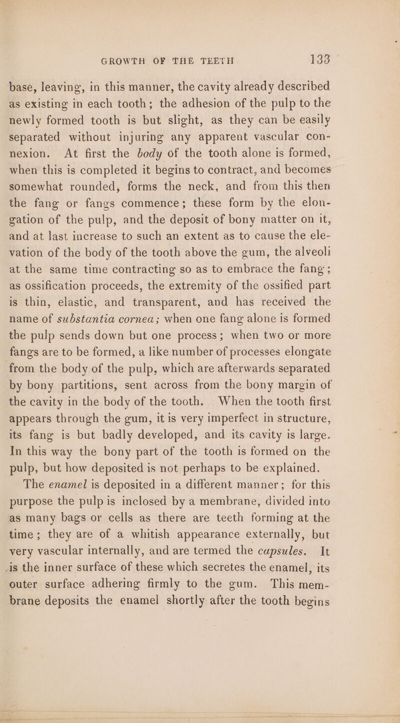 base, leaving, in this manner, the cavity already described as existing in each tooth; the adhesion of the pulp to the newly formed tooth is but slight, as they can be easily separated without injuring any apparent vascular con- nexion. At first the body of the tooth alone is formed, when this is completed it begins to contract, and becomes somewhat rounded, forms the neck, and from this then the fang or fangs commence; these form by the elon- gation of the pulp, and the deposit of bony matter on it, and at last increase to such an extent as to cause the ele- vation of the body of the tooth above the gum, the alveoli at the same time contracting so as to embrace the fang ; as ossification proceeds, the extremity of the ossified part is thin, elastic, and transparent, and has received the name of substantia cornea; when one fang alone is formed the pulp sends down but one process; when two or more fangs are to be formed, a like number of processes elongate from the body of the pulp, which are afterwards separated by bony partitions, sent across from the bony margin of the cavity in the body of the tooth. When the tooth first appears through the gum, it is very imperfect in structure, its fang is but badly developed, and its cavity is large. In this way the bony part of the tooth is formed on the pulp, but how deposited is not perhaps to be explained. The enamel is deposited in a different manner ; for this purpose the pulp is inclosed by a membrane, divided into as many bags or cells as there are teeth forming at the time; they are of a whitish appearance externally, but very vascular internally, and are termed the capsules. It _is the inner surface of these which secretes the enamel, its outer surface adhering firmly to the gum. This mem- brane deposits the enamel shortly after the tooth begins