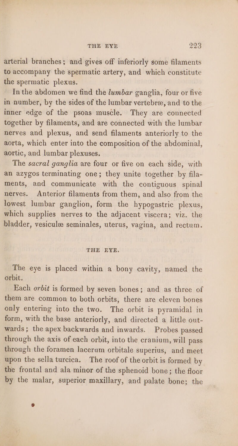 THE EYE 226 arterial branches; and gives off inferiorly some filaments to accompany the spermatic artery, and which constitute the spermatic plexus. In the abdomen we find the lumbar ganglia, four or five in number, by the sides of the lumbar vertebre, and to the inner edge of the psoas muscle. They are connected together by filaments, and are connected with the lumbar nerves and plexus, and send filaments anteriorly to the aorta, which enter into the composition of the abdominal, aortic, and lumbar plexuses. The sacral ganglia are four or five on each side, with an azygos terminating one; they unite together by fila- ments, and communicate with the contiguous spinal nerves. Anterior filaments from them, and also from the lowest lumbar ganglion, form the hypogastric plexus, which supplies nerves to the adjacent viscera; viz. the bladder, vesiculee seminales, uterus, vagina, and rectum. THE EYE. The eye is placed within a bony cavity, named the orbit. Each orbit is formed by seven bones; and as three of them are common to both orbits, there are eleven bones only entering into the two. The orbit is pyramidal in form, with the base anteriorly, and directed a little out- wards; the apex backwards and inwards. Probes passed through the axis of each orbit, into the cranium, will pass through the foramen lacerum orbitale superius, and meet upon the sella turcica, The roof of the orbit is formed by the frontal and ala minor of the sphenoid bone; the floor by the malar, superior maxillary, and palate bone; the