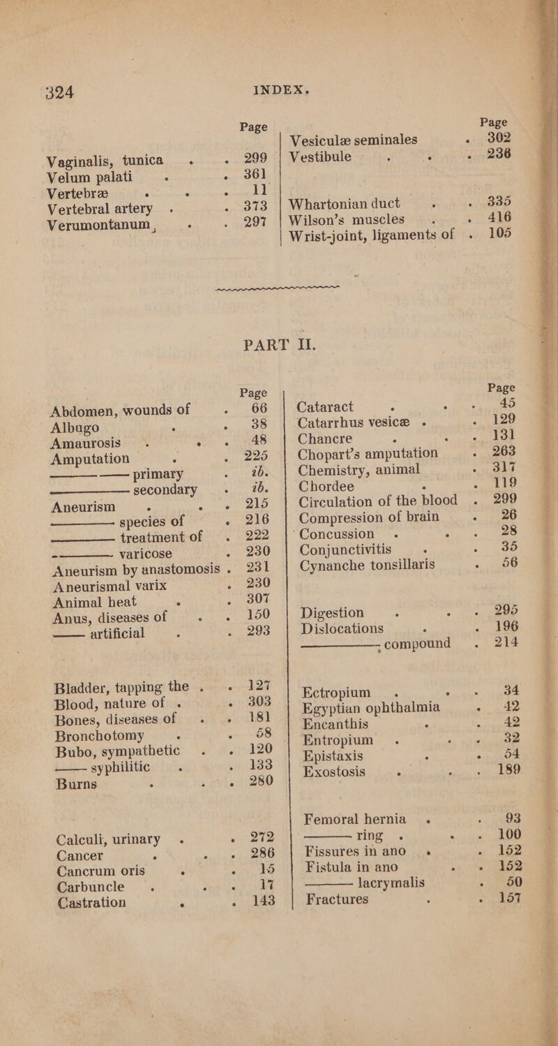 Page Vesiculz seminales : Vaginalis, tunica. . 299 | Vestibule. : : Velum palati ° . 361 Vertebrze ° : paca a (8 Vertebral artery . 373 | Whartonian duct ; Verumontanum , . . 297 | Wilson’s muscles. . Wrist-joint, ligaments of PART II. Page Abdomen, wounds of Oe Cataract p : Albugo : ee) Catarrhus vesice - : Amaurosis . we a RAS Chancre “ : Amputation ; . 225 Chopart’s amputation : primary soe 20 Chemistry, animal . secondary . 2. Chordee c : Aneurism : . « 215 | Circulation of the blood . species of . 216 | Compression of brain : treatment of . 222 | Concussion . : -——_———- varicose . 230 Conjunctivitis : : Aneurism by anastomosis . 231 Cynanche tonsillaris : Aneurismal varix . 230 Animal heat ‘ « 30T Anus, diseases of . . 150 | Digestion : ; artificial : . 293 Dislocations A - compound Bladder, tapping the. . 127 : Blood, nature of . . 303 NS : Pt Bones, diseasesof . . 181 ees ophiholana : Bronchotomy 3 68 ae mts : t Bubo, sympathetic . . 120 “| te ; wes ty |. syphilitic. 5183 Peo: eae ; : ine . nots BRO xostosis ° : Femoral hernia . Calculi, urinary . » 272 ring. . spaadie Cancer e hae Fissures in ano» s Cancrum oris ‘ or, Fistula in ano Sy te Carbuncle. Sap eet lacrymalis . Castration ‘ . 143 Fractures . Page 45 129 131 263 317 119 299 26 28 35 56 295 196 214 42 42 32 d4 189 93 100 152 152 50 157 MG sian is re nO A A nO AL NE AASB RASHES AED