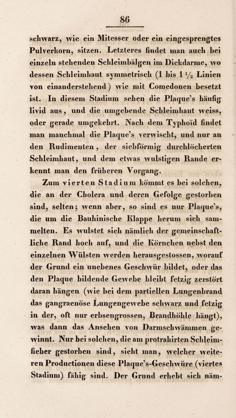 schwarz, wie ein Mitesser oder ein eingesprengtes Pulverhorn, sitzen. Letzteres findet inan auch hei einzeln stehenden Schleimbälgen im Dickdarme, wo dessen Schleimhaut symmetrisch (1 bis 1 y2 Linien von einanderstehend) wie mit Comedonen besetzt ist* In diesem Stadium sehen die Plaque’s häufig livid aus, und die umgehende Schleimhaut weiss, oder gerade umgekehrt. Nach dem Typhoid findet man manchmal die Plaquc’s verwischt, und nur an den Rudimenten, der siebförmig durchlöcherten Schleimhaut, und dem etwas wulstigen Rande er¬ kennt man den früheren Vorgang. Zum vierten Stadium kömmt cs bei solchen, die an der Cholera und deren Gefolge gestorben sind, selten5 wenn aber, so sind es nur Plaque’s, die um die Bauhinisclie Klappe herum sich sam¬ melten. Es wulstet sich nämlich der gemeinschaft¬ liche Rand hoch auf, und die Körnchen nebst den einzelnen Wülsten werden herausgestossen, worauf der Grund ein unebenes Geschwür bildet, oder das den Plaque bildende Gewebe bleibt fetzig zerstört daran hängen (wie bei dem partiellen Lungenbrand \ das gangraenösc Lungengewebe schwarz und fetzig in der, oft nur erbsengrossen, Brandhöhle hängt), was dann das Ansehen von Darmschwämmen ge¬ winnt. Nur bei solchen, die am protrahirten Schleim¬ fieber gestorben sind, sieht man, welcher weite¬ ren Productionen diese Plaque’s-Gescliwüre (viertes Stadium) fähig sind. Der Grund erhebt sich näm-