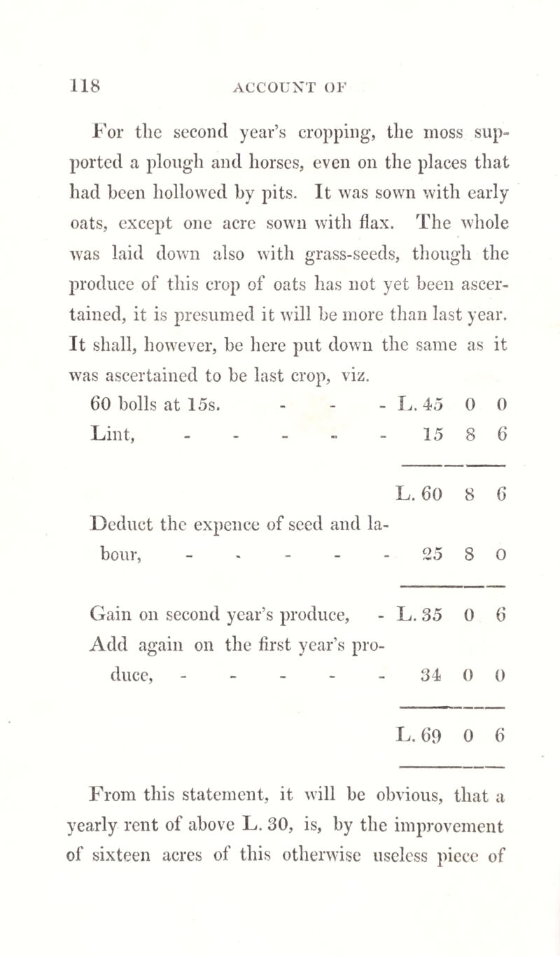 For the second year’s cropping, the moss sup¬ ported a plough and horses, even on the places that had been hollowed by pits. It was sown with early oats, except one acre sown with flax. The whole was laid down also with grass-seeds, though the produce of this crop of oats has not yet been ascer¬ tained, it is presumed it will he more than last year. It shall, however, he here put down the same as it was ascertained to be last crop, viz. 60 bolls at 15s. - L. 45 0 0 Lint, - 15 8 6 L. 60 8 6 Deduct the expence of seed and la- i I l t 1 ♦ O nO 25 8 0 Gain on second year’s produce, L. 35 0 6 Add again on the first year’s pro¬ duce, . 34 0 0 L. 69 0 6 From this statement, it will be obvious, that a yearly rent of above L. 30, is, by the improvement of sixteen acres of this otherwise useless piece of