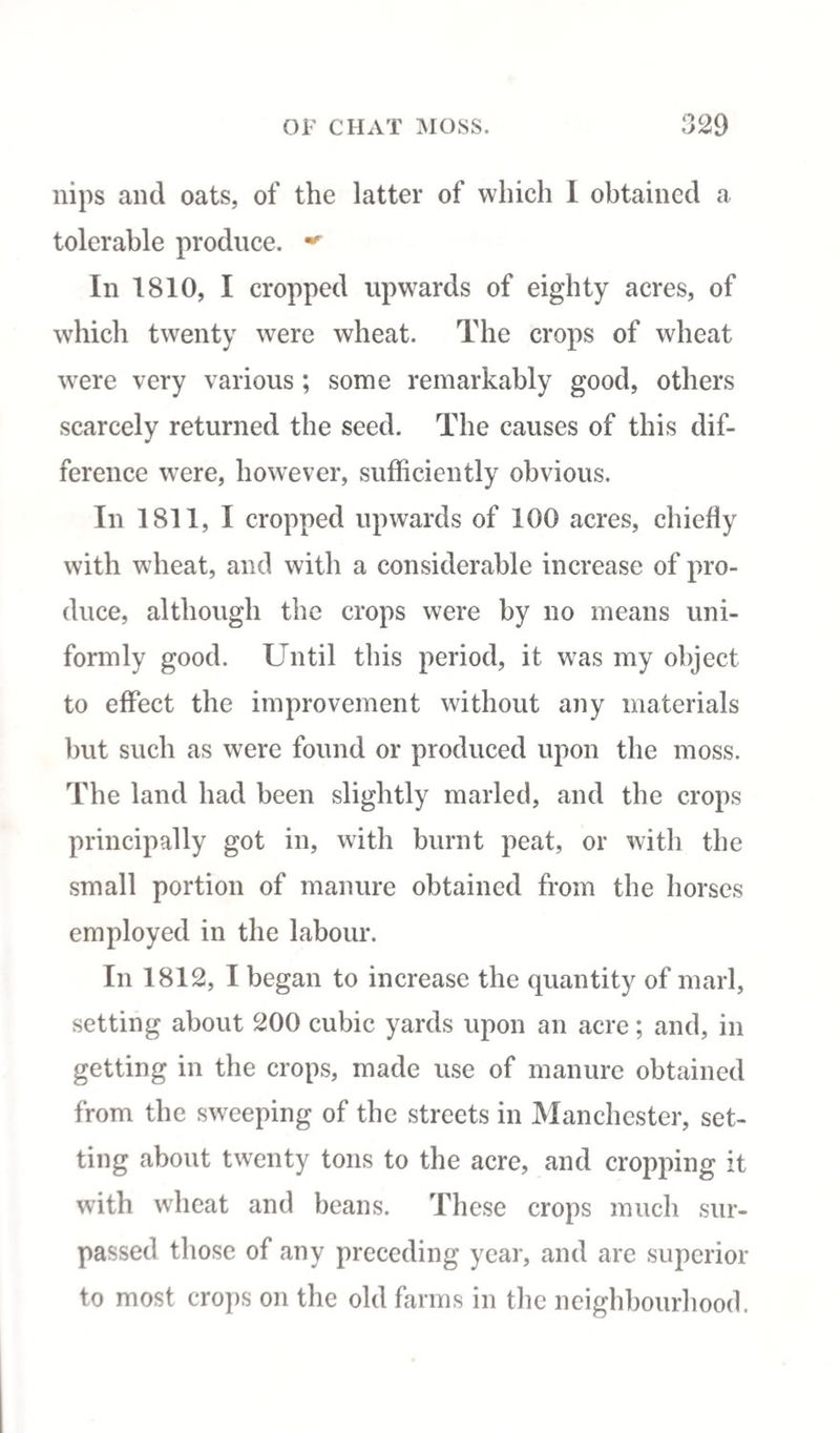 nips and oats, of the latter of which I obtained a tolerable produce. ^ In 1810, I cropped upwards of eighty acres, of which twenty were wheat. The crops of wheat were very various; some remarkably good, others scarcely returned the seed. The causes of this dif¬ ference were, however, sufficiently obvious. In 1811, I cropped upwards of 100 acres, chiefly with wheat, and with a considerable increase of pro¬ duce, although the crops were by no means uni¬ formly good. Until this period, it was my object to effect the improvement without any materials but such as were found or produced upon the moss. The land had been slightly marled, and the crops principally got in, with burnt peat, or with the small portion of manure obtained from the horses employed in the labour. In 1812, I began to increase the quantity of marl, setting about 200 cubic yards upon an acre; and, in getting in the crops, made use of manure obtained from the sweeping of the streets in Manchester, set¬ ting about twenty tons to the acre, and cropping it with wheat and beans. These crops much sur¬ passed those of any preceding year, and are superior to most crops on the old farms in the neighbourhood.