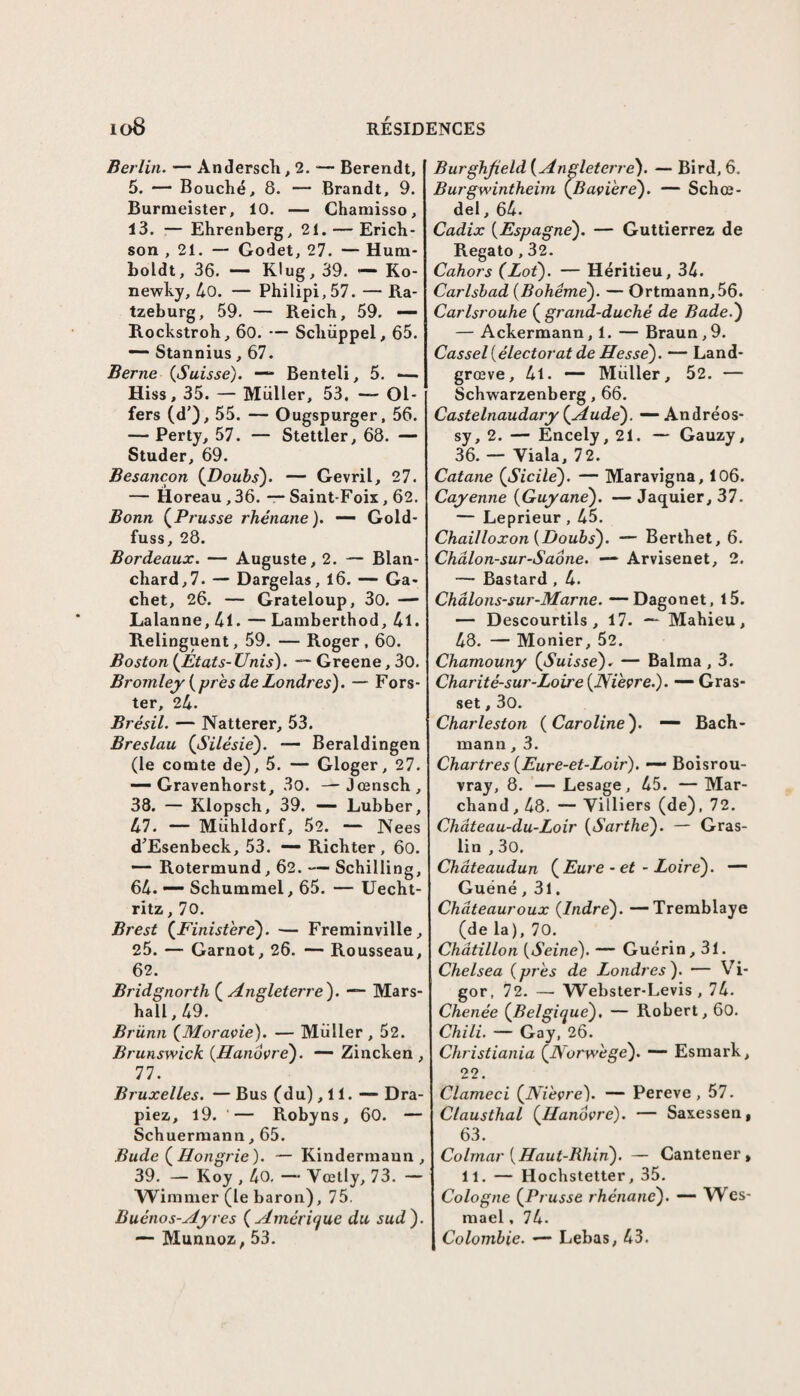 Berlin. — Andersch, 2. •— Berendt, 5. — Bouché, 8. — Brandt, 9. Burmeister, 10. — Chamisso, 13. — Ehrenberg, 21. — Erich- son , 21. — Godet, 27. — Hum- boldt, 36. — Klug, 39. Ko- newky, 4o. — Philipi, 57. — Ra- tzeburg, 59. — Reich, 59. — Rockstroh, 60. — Scliiippel, 65. ~ Stannius, 67. Berne {Suisse). — Benteli, 5. — Hiss, 35. — Miiller, 53. Ol- fers (d'), 55. — Ougspurger, 56. — Perty, 57. — Stettler, 68. — Studer, 69. Besancon (Doubs). — Gevril, 27. — Horeau , 36. — Saint-Foix, 62. Bonn (Prusse rhénane). — Gold- fuss, 28. Bordeaux. — Auguste, 2. — Blan¬ chard, 7. — Dargelas, 16. — Ga- chet, 26. — Grateloup, 3o. — Lalanne, 4l. — Lamberthod, 4l. Relinguent, 59. — Roger, 60. Boston (Etats-Unis). — Greene, 30. Bromley {près de Londres). — Fors- ter, 24. Brésil. — Natterer, 53. Breslau (Silésie'). — Beraldingen (le comte de), 5. — Gloger, 27. — Gravenhorst, 3o. — Jœnsch, 38. — Klopsch, 39. — Lubber, 47. — Mühldorf, 52. — Nees d'Esenbeck, 53. — Richter , 60. Rotermund, 62. — Schilling, 64. — Schummel, 65. — Uecht- ritz, 70. Brest (Finistère). — Freminville, 25. — Garnot, 26. — Rousseau, 62. Bridgnorth ( Angleterre ). — Mars¬ hall, 49. Brünn (Moravie). — Miiller , 52. Brunswick {Hanovre). — Zincken , 77. Bruxelles. —Bus (du), 11. — Dra¬ piez, 19. — Robyns, 60. — Schuermann, 65. Bude (Hongrie). — Kinderrnaun , 39. — Koy , 40. — Yœtly, 73. — Wiinmer (le baron), 75. Buénos-Ayres (slmérique du sud). — Munnoz, 53. Burghjield {Angleterre). — Bird,6. Burgwintheim (Bavière). — Schœ- del, 64. Cadix {Espagne). — Guttierrez de Regato, 32. Cahors (Lot). — Héritieu, 34. Carlshad {Bohême). — Ortmann,56. Carlsrouhe ( grand-duché de Bade.) — Ackermann, 1. — Braun , 9. Cassel{électorat de Hesse). — Land- grœve, 4t. — Millier, 52. — Schwarzenberg, 66. Castelnaudary (Aude). — Andréos- sy, 2. — Encely, 21. — Gauzy, 36. — Yiala, 72. Catane (Sicile). — Maravigna, 106. Cayenne (Guyane). — Jaquier, 37. — Leprieur, 45. Chailloxon (Doubs). — Berthet, 6. Chalon-sur-Saône. — Arvisenet, 2. — Bastard , 4. Châlons-sur-Marne. —Dagonet, l5. — Descourtils , 17. — Mahieu, 48. — Monier, 52. Chamouny (Suisse). — Balma , 3. Charité-sur-Loire (Nièvre.). — Gras¬ set , 30. Charleston (Caroline). — Bach- mann, 3. Chartres (Eure-et-Loir). —- Boisrou- vray, 8. — Lesage, 45. — Mar¬ chand ,48. — YiHiers (de), 72. Château-du-Loir (Sarthe). — Gras- lin , 30. Châteaudun ( Eure - et - Loire). — Guéné, 31. Châteauroux (Indre). —Tremblaye (de la), 70. Châtillon (Seine). — Guérin, 31. Chelsea (près de Londres). — Vi- gor, 72. — Webster-Levis , 74. Chenée (Belgique), — Robert, 60. Chili. — Gay, 26. Christiania (Noi'wège). — Esmark, 22. Clameci (Nièvre). — Pereve, 57. Clausthal (Hanovre). — Saxessen* 63. Colmar (Haut-Rhin). — Cantener , 11. — Hochstetter, 35. Cologne (Prusse rhénane). — Wes- mael, 74. Colombie. -— Lebas, 43.