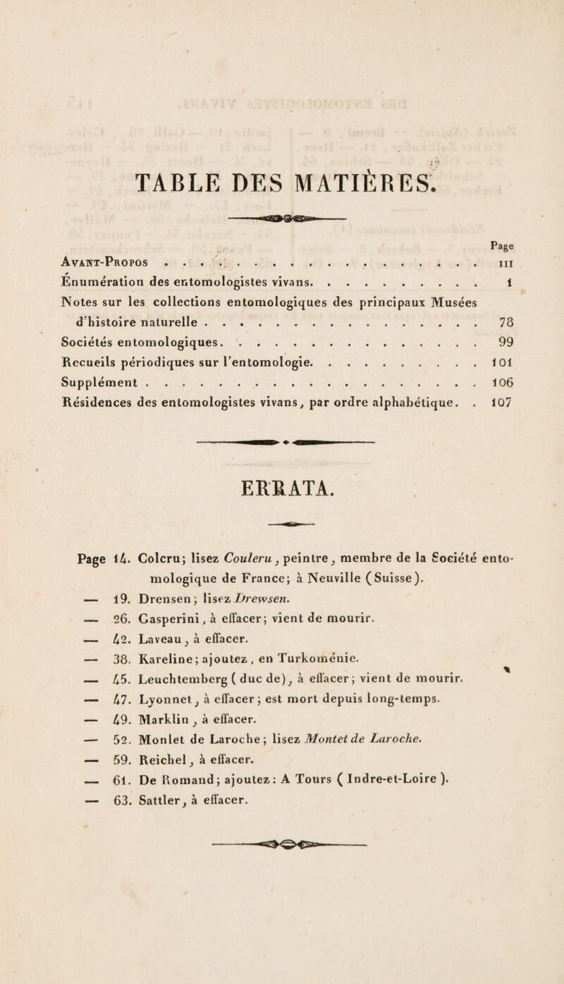 TABLE DES MATIÈRES. Pa§e Avant-Propos ».. Énumération des entomologistes vivans. 1 Notes sur les collections entomologiques des principaux Musées d'histoire naturelle.78 Sociétés entomologiques.99 Recueils périodiques sur l’entomologie.1 01 Supplément.106 Résidences des entomologistes vivans, par ordre alphabétique. . 107 ERRATA. Page 14. Colcru; lisez Coulera, peintre, membre de la Société ento- mologique de France; à Neuville (Suisse). — 19. Drensen; lisez Drewsen. — 26. Gasperini, à effacer; vient de mourir. — 42. Laveauj à effacer. — 38. Rareline ; ajoutez , en Turkoménie. — 45. Leuchtemberg ( duc de), à effacer; vient de mourir. — 47. Lyonnet, à effacer ; est mort depuis long-temps. — 49. Marklin , à effacer. — 52. Monlet de Laroche; lisez Montet de Laroche. —■ 59. Reichel, à effacer. _ 61. De Romand; ajoutez: A Tours ( Indre-et-Loire ). — 63. Sattler, à effacer.