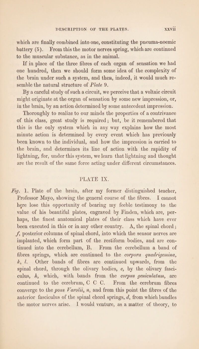 which, are finally combined into one, constituting the pneuma-noemic battery (5). From this the motor nerves spring, which are continued to the muscular substance, as in the animal. If in place of the three fibres of each organ of sensation we had one hundred, then we should form some idea of the complexity of the brain under such a system, and then, indeed, it would much re¬ semble the natural structure of Plate 9. By a careful study of such a circuit, we perceive that a voltaic circuit might originate at the organ of sensation by some new impression, or, in the brain, by an action determined by some antecedent impression. Thoroughly to realize to our minds the properties of a contrivance of this class, great study is required; but, be it remembered that this is the only system which in any way explains how the most minute action is determined by every event which has previously been known to the individual, and how the impression is carried to the brain, and determines its line of action with the rapidity of lightning, for, under this system, we learn that lightning and thought are the result of the same force acting under different circumstances. PLATE IX. Fig. 1. Plate of the brain, after my former distinguished teacher, Professor Mayo, showing the general course of the fibres. I cannot here lose this opportunity of bearing my feeble testimony to the value of his beautiful plates, engraved by Finden, which are, per¬ haps, the finest anatomical plates of their class which have ever been executed in this or in any other country. A, the spinal chord; /, posterior columns of spinal chord, into which the sensor nerves are implanted, which form part of the restiform bodies, and are con¬ tinued into the cerebellum, B. From the cerebellum a band of fibres springs, which are continued to the corpora quadrigemina, !c, l. Other bands of fibres are continued upwards, from the spinal chord, through the olivary bodies, e, by the olivary fasci¬ culus, /?, which, with bands from the corpus geniculatum, are continued to the cerebrum, C C C. From the cerebrum fibres converge to the pons Varolii, n, and from this point the fibres of the anterior fasciculus of the spinal chord springs, d, from which bundles the motor nerves arise. I would venture, as a matter of theory, to