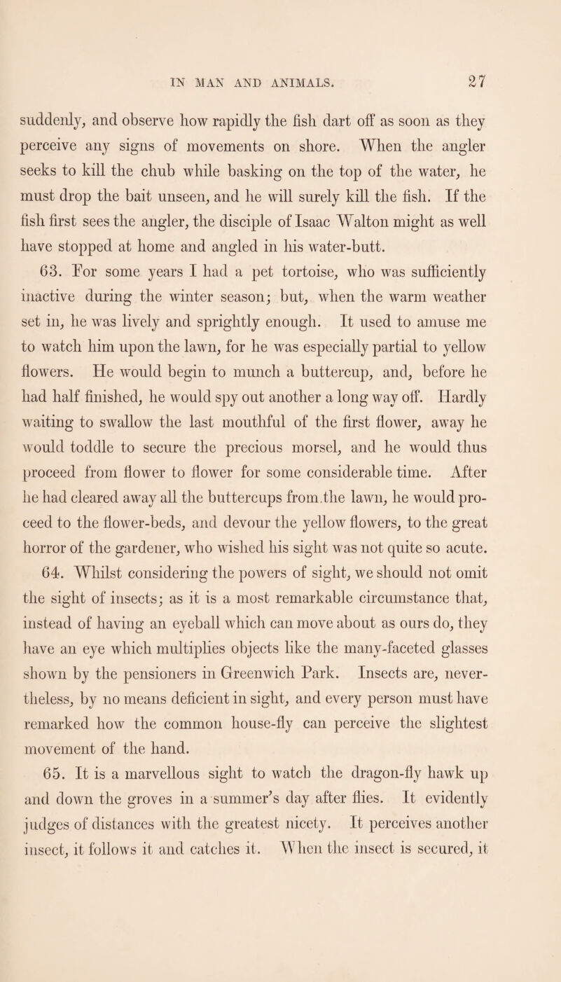 suddenly, and observe how rapidly the fish dart off as soon as they perceive any signs of movements on shore. When the angler seeks to kill the chub while basking on the top of the water, he must drop the bait unseen, and he will surely kill the fish. If the fish first sees the angler, the disciple of Isaac Walton might as well have stopped at home and angled in his water-butt. 63. For some years I had a pet tortoise, who was sufficiently inactive during the winter season; but, when the warm weather set in, he was lively and sprightly enough. It used to amuse me to watch him upon the lawn, for he was especially partial to yellow flowers. He would begin to munch a buttercup, and, before he had half finished, he would spy out another a long way off. Hardly waiting to swallow the last mouthful of the first flower, away he would toddle to secure the precious morsel, and he would thus proceed from flower to flower for some considerable time. After he had cleared away all the buttercups from.the lawn, he would pro¬ ceed to the flower-beds, and devour the yellow flowers, to the great horror of the gardener, who wished his sight was not quite so acute. 64. Whilst considering the powers of sight, we should not omit the sight of insects; as it is a most remarkable circumstance that, instead of having an eyeball which can move about as ours do, they have an eye which multiplies objects like the many-faceted glasses shown by the pensioners in Greenwich Park. Insects are, never¬ theless, by no means deficient in sight, and every person must have remarked how the common house-fly can perceive the slightest movement of the hand. 65. It is a marvellous sight to watch the dragon-fly hawk up and down the groves in a summer’s day after flies. It evidently judges of distances with the greatest nicety. It perceives another insect, it follows it and catches it. When the insect is secured, it