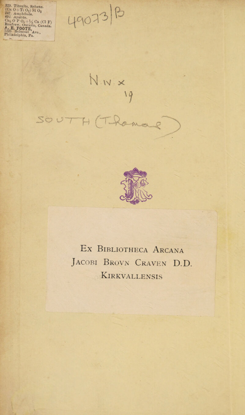 329. Titnnite, Spherte. (Ca O+Ti Oo) Si Oo Amphibole. 492. apatite. g!i3 0 P 05+3^ Ca (Cl F) Renfrew Ontario, Canada. rooTE, T>i •, Ave., Pluladelphia, Pa. N W X \ ? So Ex Bibliotheca Arcana Jacobi Brovn Craven D.D. Kirkvallensis