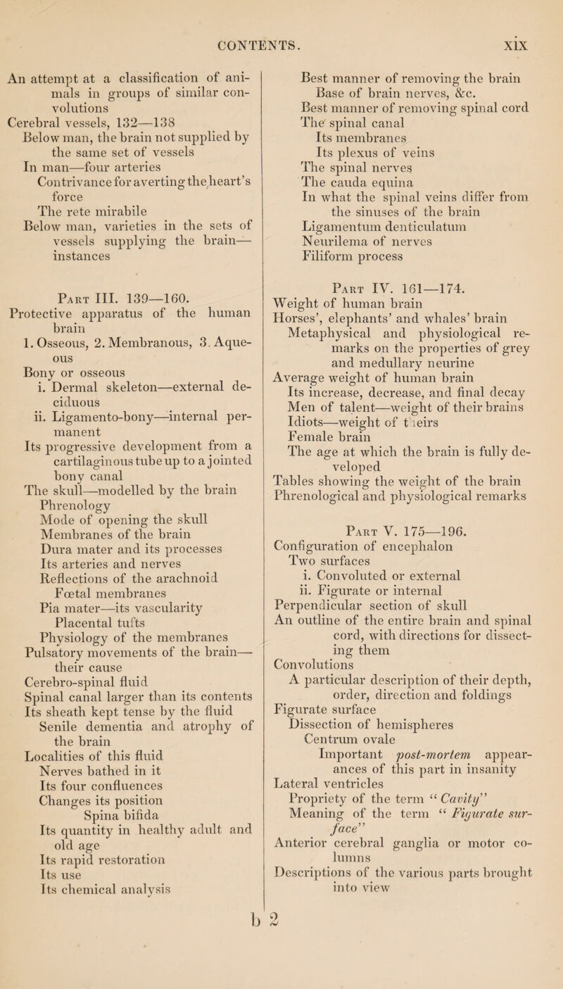 An attempt at a classification of ani¬ mals in groups of similar con¬ volutions Cerebral vessels, 132—138 Below man, the brain not supplied by the same set of vessels In man—four arteries Contrivance for averting the,heart’s force The rete mirabile Below man, varieties in the sets of vessels supplying tlie brain— instances Best manner of removing the brain Base of brain nerves, &c. Best manner of removing spinal cord The spinal canal Its membranes Its plexus of veins The spinal nerves The cauda equina In what the spinal veins differ from the sinuses of the brain Ligamentum denticulatum Neurilema of nerves Filiform process Part III. 139—160. Protective apparatus of the human brain 1. Osseous, 2. Membranous, 3. Aque¬ ous Bony or osseous i. Dermal skeleton—external de¬ ciduous ii. Ligamento-bony—-internal per¬ manent Its progressive development from a cartilaginous tube up to a jointed bony canal The skull—modelled by the brain Phrenology Mode of opening the skull Membranes of the brain Dura mater and its processes Its arteries and nerves Reflections of the arachnoid Foetal membranes Pia mater—its vascularity Placental tufts Physiology of the membranes Pulsatory movements of the brain—- their cause Cerebro-spinal fluid Spinal canal larger than its contents Its sheath kept tense by the fluid Senile dementia and atrophy of the brain Localities of this fluid Nerves bathed in it Its four confluences Changes its position Spina bifida Its quantity in healthy adult and old age Its rapid restoration Its use Its chemical analysis Part IV. 161—174. Weight of human brain Horses’, elephants’ and whales’ brain Metaphysical and physiological re¬ marks on the properties of grey and medullary neurine Average weight of human brain Its increase, decrease, and final decay Men of talent—weight of their brains Idiots—weight of t mirs Female brain The age at which the brain is fully de¬ veloped Tables showing the weight of the brain Phrenological and physiological remarks Part V. 175—196. Configuration of encephalon Two surfaces i. Convoluted or external ii. Figurate or internal Perpendicular section of skull An outline of the entire brain and spinal cord, with directions for dissect¬ ing them Convolutions A particular description of their depth, order, direction and foldings Figurate surface Dissection of hemispheres Centrum ovale Important post-mortem appear¬ ances of this part in insanity Lateral ventricles Propriety of the term “ Cavity” Meaning of the term “ Figurate sur¬ face” Anterior cerebral gan him ns Descriptions of the various parts brought into view glia or motor co-