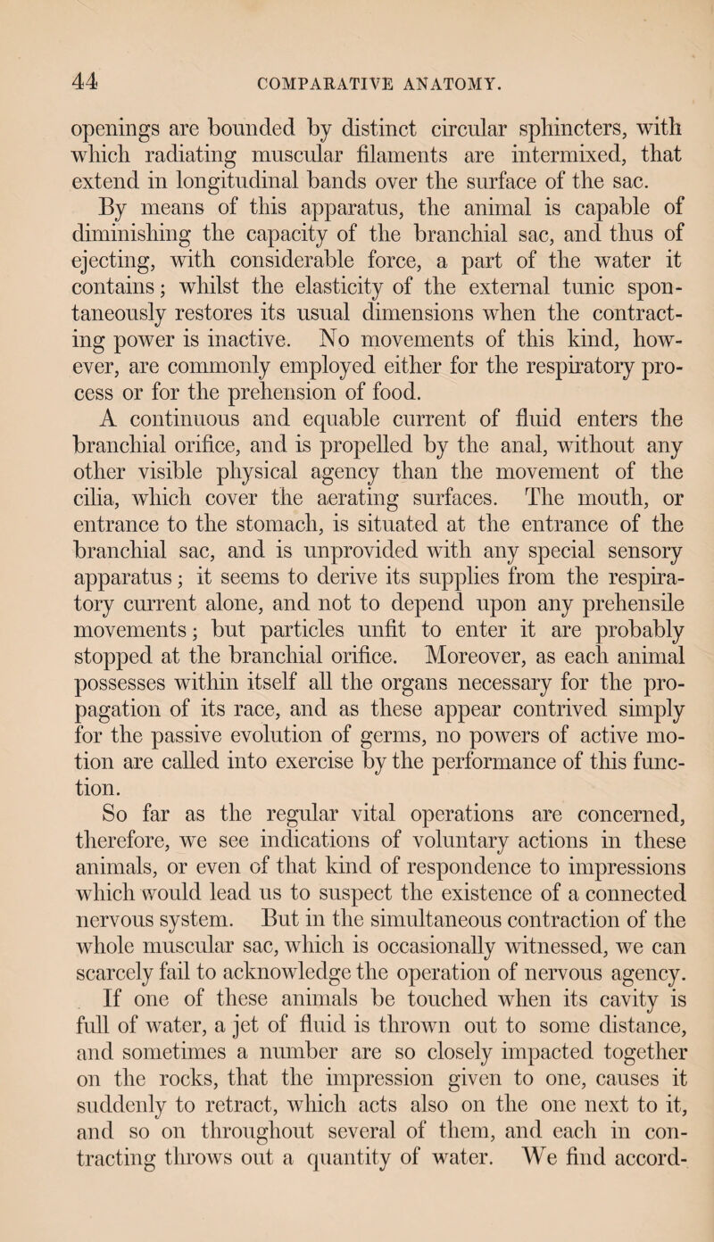 openings are bounded by distinct circular sphincters, with which radiating muscular filaments are intermixed, that extend in longitudinal bands over the surface of the sac. By means of this apparatus, the animal is capable of diminishing the capacity of the branchial sac, and thus of ejecting, with considerable force, a part of the water it contains; whilst the elasticity of the external tunic spon¬ taneously restores its usual dimensions when the contract¬ ing power is inactive. No movements of this kind, how¬ ever, are commonly employed either for the respiratory pro¬ cess or for the prehension of food. A continuous and equable current of fluid enters the branchial orifice, and is propelled by the anal, without any other visible physical agency than the movement of the cilia, which cover the aerating surfaces. The mouth, or entrance to the stomach, is situated at the entrance of the branchial sac, and is unprovided with any special sensory apparatus; it seems to derive its supplies from the respira¬ tory current alone, and not to depend upon any prehensile movements; but particles unfit to enter it are probably stopped at the branchial orifice. Moreover, as each animal possesses within itself all the organs necessary for the pro¬ pagation of its race, and as these appear contrived simply for the passive evolution of germs, no powers of active mo¬ tion are called into exercise by the performance of this func¬ tion. So far as the regular vital operations are concerned, therefore, we see indications of voluntary actions in these animals, or even of that kind of respondence to impressions which would lead us to suspect the existence of a connected nervous system. But in the simultaneous contraction of the whole muscular sac, which is occasionally witnessed, we can scarcely fail to acknowledge the operation of nervous agency. If one of these animals be touched when its cavity is full of water, a jet of fluid is thrown out to some distance, and sometimes a number are so closely impacted together on the rocks, that the impression given to one, causes it suddenly to retract, which acts also on the one next to it, and so on throughout several of them, and each in con¬ tracting throws out a quantity of water. We find accord-
