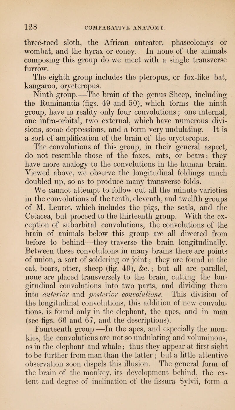 three-toed sloth, the African anteater, phascolomys or wombat, and the hyrax or coney. In none of the animals composing this group do we meet with a single transverse furrow. The eighth group includes the pteropus, or fox-like bat, kangaroo, orycteropus. Ninth group.—The brain of the genus Sheep, including the Ruminantia (figs. 49 and 50), which forms the ninth group, have in reality only four convolutions; one internal, one infra-orbital, two external, which have numerous divi¬ sions, some depressions, and a form very undulating. It is a sort of amplification of the brain of the orycteropus. The convolutions of this group, in their general aspect, do not resemble those of the foxes, cats, or bears; they have more analogy to the convolutions in the human brain. Viewed above, we observe the longitudinal foldings much doubled up, so as to produce many transverse folds. We cannot attempt to follow out all the minute varieties in the convolutions of the tenth, eleventh, and twelfth groups of M. Leuret, which includes the pigs, the seals, and the Cetacea, but proceed to the thirteenth group. With the ex¬ ception of suborbital convolutions, the convolutions of the brain of animals below this group are all directed from before to behind-—they traverse the brain longitudinally. Between these convolutions in many brains there are points of union, a sort of soldering or joint; they are found in the cat, bears, otter, sheep (fig. 49), &c.; but all are parallel, none are placed transversely to the brain, cutting the lon¬ gitudinal convolutions into two parts, and dividing them into anterior and posterior convolutions. This division of the longitudinal convolutions, this addition of new convolu¬ tions, is found only in the elephant, the apes, and in man (see figs. 66 and 67, and the descriptions). Fourteenth group.—In the apes, and especially the mon- kies, the convolutions are not so undulating and voluminous, as in the elephant and whale ; thus they appear at first sight to be further from man than the latter ; but a little attentive observation soon dispels this illusion. The general form of the brain of the monkey, its development behind, the ex¬ tent and degree of inclination of the fissura Sylvii, form a