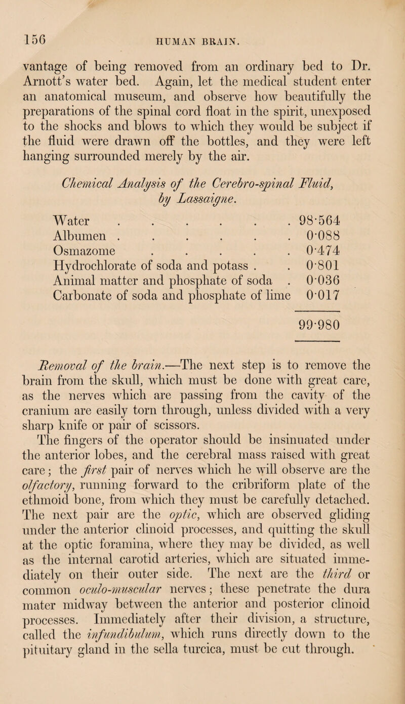 vantage of being removed from an ordinary bed to Dr. Arnott’s water bed. Again, let the medical student enter an anatomical museum, and observe how beautifully the preparations of the spinal cord float in the spirit, unexposed to the shocks and blows to which they would be subject if the fluid were drawn off the bottles, and they were left hanging surrounded merely by the air. Chemical Analysis of the Cerebrospinal Fluid, by Lassaigne. Water ...... 98’564 Albumen ...... 0*088 Osmazome . . . . .0*474 Hydrochlorate of soda and potass . . 0*801 Animal matter and phosphate of soda . 0*036 Carbonate of soda and phosphate of lime 0*017 99*980 Femoral of the brain.—The next step is to remove the brain from the skull, which must be done with great care, as the nerves which are passing from the cavity of the cranium are easily torn through, unless divided with a very sharp knife or pair of scissors. The fingers of the operator should be insinuated under the anterior lobes, and the cerebral mass raised with great care; the first pair of nerves which he will observe are the olfactory, running forward to the cribriform plate of the ethmoid bone, from which they must be carefully detached. The next pair are the optic, which are observed gliding under the anterior clinoicl processes, and quitting the skull at the optic foramina, where they may be divided, as well as the internal carotid arteries, which are situated imme¬ diately on their outer side. The next are the third or common oculo-muscular nerves; these penetrate the dura mater midway between the anterior and posterior clinoid processes. Immediately after their division, a structure, called the infundibulum, which runs directly down to the pituitary gland in the sella turcica, must be cut through.