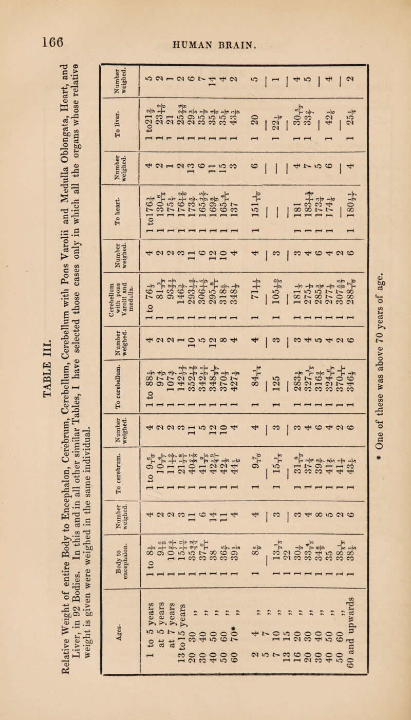 TABLE III. Relative Weight of entire Body to Encephalon, Cerebrum, Cerebellum, Cerebellum with Pons Varolii and Medulla Oblongata, Heart, and Liver, in 92 Bodies. In this and in all other similar Tables, I have selected those cases only in which all the organs whose relative weight is given were weighed in the same individual. 166 HUMAN BRAIN Number weighed. vO Cl ph Cl © l>* rfi rti Cl r—< © Tf © e»kc -H T)»|aD e>|55 n[u5 -|s ti|3i -1® a> PH CO pH vo Od vo vo vo © © p-kf © © <N vo o <M (M O Cl Cl Cl CO CO CO if tM 22 CO © p H r-H f-H r- »H rH rH ri rH rH r-H r-^ rH rH r-H rH a? »d © A g.SP 4 2 H C<1 f 0 O H o CO r-H r«» * i Tft Zh. © © p o A O H e*|to ia|n |p p|m ~|p <o|n ci|n 00(35 tO O iC ffl CO VO 05 vo t>» NCONNNtCtOtOCO 2 111 fCt* p|p p|o pH CO CO rf XOONN -In O 00 <3 'G A a Ew> S’ ^(NNCOHtONO^ I  r CO 'f © Tf Ol CO e »*3 |§5i *3 A r=5 'P <D p <D O > O <D -|m ”|n o>|9. «|n 4* «|n to-hw to n tow oooo 1> 00 05 •'t a O 05 ri ^ pH <M CO CM CO CO o -(s -H $ VO o w|n b p|n pfs n(ij< pjN u)|go |p H w W N N 00 a N CO N C 00 IH Cl (N IM CO Ol S'® A 2 Ell S ® ^ciciHOwcqco^ co CO Tf VO rf ci co a a *3 .o « S u O H fi(5< e<(o —}i |n fr p|m ^((J) *|n p|n >-|n p|« (M p|m pjn j—< CONNCINCIOOON Tf OO 05 O vj* vO ’t1 l>» CM 00 pi h CO CO « CO ^ o VO Jp Jr „fp -h r* 5,l« H I-1 -►> CO N to t)- O CO 00 Cl Pi O) N ^ Cl CO CO CO CO CO £ 13 s Eg, fcl TftClClCOHVOClOTt1 rf I  I CO it* tO rji Cl to a 2 A GJ o H „b Jn 0>[n oo|p n|oo |ui cr.|p “jp *|s» p|p ~|e> «|n m|n -|p p|n p(o OO — HCHClClrfi ppphCI^'^V1^’^ o © |n _,(*> h ’|p «|if p|n e*|ifl -f* p|ui VO hNOhhCO ' CO CO CO V Tf rf af0 *1 TftNClCO'HO^iH^ Tf CO CO rf 00 vo 01 t£> a oO -^03 •3 p, O 05 CQ U w a v «b> H[p Okt* OiH* |p p(“* 5*|N p-]-. (l -|<» p|- |n 4. gp *c|n -|u* OOC50WvoNOOtOC5 pH PH CO CO CO CO CO o _b _,!« In w|a -]m |m <c|3> p[u5 00 COOOCOTjivOOOOO H Cl CO CO CO CO CO CO <D 60 P 2 £ tn t~> rH i~* *J 0! c3 cd H 0 2 2 2 0 J) Hi O d, ^ ^ tk, >5 # ^ vO t- vo o O O O O o w^^W^WtON ■p cd cd o r-t CO O O O © © pH Cl W if W to no 2_j cu Tft^ovooooo© 2 H Pi Cl CO if W tOrQ c ClvONCOtOOOOO pH pH <M CO if VO © © * One of these was above 70 years of age.