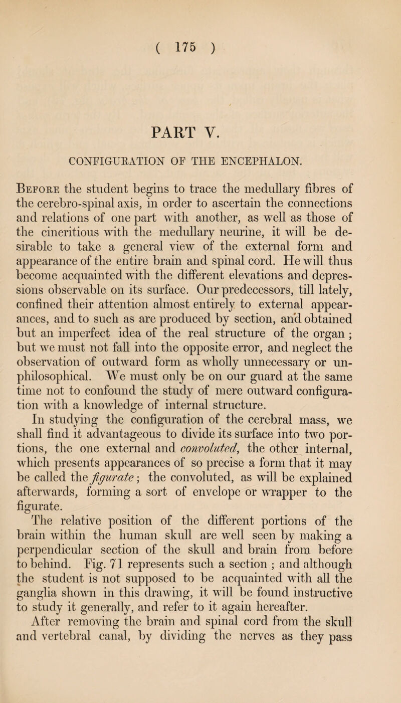 PART V. CONFIGURATION OF THE ENCEPHALON. Before the student begins to trace the medullary fibres of the cerebro-spinal axis, in order to ascertain the connections and relations of one part with another, as well as those of the cineritious with the medullary neurine, it will be de¬ sirable to take a general view of the external form and appearance of the entire brain and spinal cord. He will thus become acquainted with the different elevations and depres¬ sions observable on its surface. Our predecessors, till lately, confined their attention almost entirely to external appear¬ ances, and to such as are produced by section, and obtained but an imperfect idea of the real structure of the organ ; but we must not fall into the opposite error, and neglect the observation of outward form as wholly unnecessary or un- philosophical. We must only be on our guard at the same time not to confound the study of mere outward configura¬ tion with a knowledge of internal structure. In studying the configuration of the cerebral mass, we shall find it advantageous to divide its surface into two por¬ tions, the one external and convoluted, the other internal, which presents appearances of so precise a form that it may be called thz jigurate; the convoluted, as will be explained afterwards, forming a sort of envelope or wrapper to the figurate. The relative position of the different portions of the brain within the human skull are well seen by making a perpendicular section of the skull and brain from before to behind. Fig. 71 represents such a section ; and although the student is not supposed to be acquainted with all the ganglia shown in this drawing, it will be found instructive to study it generally, and refer to it again hereafter. After removing the brain and spinal cord from the skull and vertebral canal, by dividing the nerves as they pass