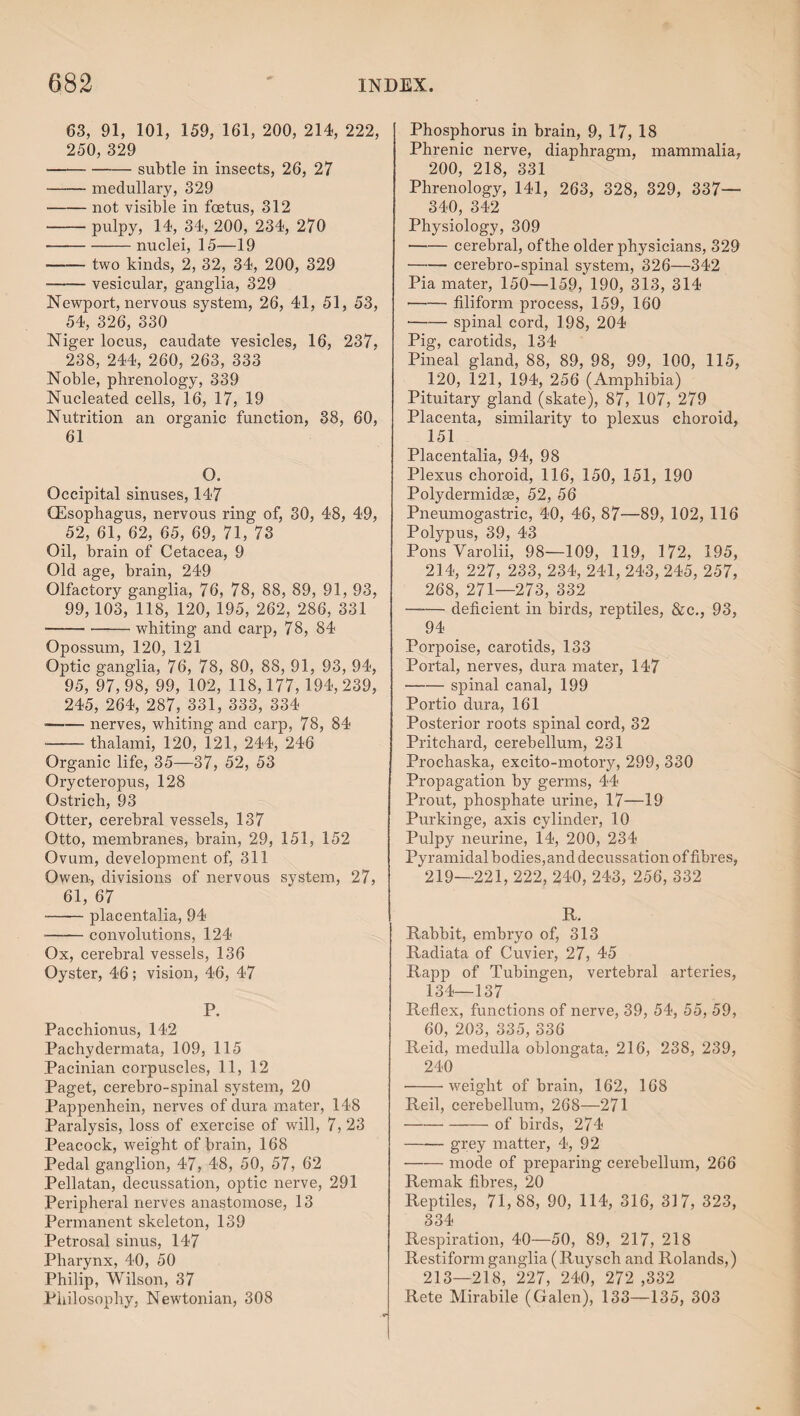 63, 91, 101, 159, 161, 200, 214, 222, 250, 329 • -subtle in insects, 26, 27 -medullary, 329 • -not visible in foetus, 312 — pulpy, 14, 34, 200, 234, 270 -nuclei, 15—19 ■ -two kinds, 2, 32, 34, 200, 329 -vesicular, ganglia, 329 Newport, nervous system, 26, 41, 51, 53, 54, 326, 330 Niger locus, caudate vesicles, 16, 237, 238, 244, 260, 263, 333 Noble, phrenology, 339 Nucleated cells, 16, 17, 19 Nutrition an organic function, 38, 60, 61 O. Occipital sinuses, 147 (Esophagus, nervous ring of, 30, 48, 49, 52, 61, 62, 65, 69, 71, 73 Oil, brain of Cetacea, 9 Old age, brain, 249 Olfactory ganglia, 76, 78, 88, 89, 91, 93, 99, 103, 118, 120, 195, 262, 286, 331 --whiting and carp, 78, 84 Opossum, 120, 121 Optic ganglia, 76, 78, 80, 88, 91, 93, 94, 95, 97,98, 99, 102, 118,177,194,239, 245, 264, 287, 331, 333, 334 — -nerves, whiting and carp, 78, 84 ■ -thalami, 120, 121, 244, 246 Organic life, 35—37, 52, 53 Orycteropus, 128 Ostrich, 93 Otter, cerebral vessels, 137 Otto, membranes, brain, 29, 151, 152 Ovum, development of, 311 Owen, divisions of nervous system, 27, 61, 67 -placentalia, 94 • -convolutions, 124 Ox, cerebral vessels, 136 Oyster, 46; vision, 46, 47 P. Pacchionus, 142 Pachydermata, 109, 115 Pacinian corpuscles, 11, 12 Paget, cerebro-spinal system, 20 Pappenhein, nerves of dura mater, 148 Paralysis, loss of exercise of will, 7, 23 Peacock, weight of brain, 168 Pedal ganglion, 47, 48, 50, 57, 62 Pellatan, decussation, optic nerve, 291 Peripheral nerves anastomose, 13 Permanent skeleton, 139 Petrosal sinus, 147 Pharynx, 40, 50 Philip, Wilson, 37 Philosophy, Newtonian, 308 Phosphorus in brain, 9, 17, 18 Phrenic nerve, diaphragm, mammalia, 200, 218, 331 Phrenology, 141, 263, 328, 329, 337— 340, 342 Physiology, 309 -cerebral, of the older physicians, 329 -cerebro-spinal system, 326—342 Pia mater, 150—159, 190, 313, 314 -filiform process, 159, 160 -spinal cord, 198, 204 Pig, carotids, 134 Pineal gland, 88, 89, 98, 99, 100, 115, 120, 121, 194, 256 (Amphibia) Pituitary gland (skate), 87, 107, 279 Placenta, similarity to plexus choroid, 151 Placentalia, 94, 98 Plexus choroid, 116, 150, 151, 190 Polydermidas, 52, 56 Pneumogastric, 40, 46, 87—89, 102, 116 Polypus, 39, 43 Pons Varolii, 98—109, 119, 172, 195, 214, 227, 233, 234, 241, 243, 245, 257, 268, 271—273, 332 —— deficient in birds, reptiles, &c., 93, 94 Porpoise, carotids, 133 Portal, nerves, dura mater, 147 -spinal canal, 199 Portio dura, 161 Posterior roots spinal cord, 32 Pritchard, cerebellum, 231 Prochaska, excito-motory, 299, 330 Propagation by germs, 44 Prout, phosphate urine, 17—19 Purkinge, axis cylinder, 10 Pulpy neurine, 14, 200, 234 Pyramidal bodies,and decussation of fibres, 219—221, 222, 240, 243, 256, 332 R. Rabbit, embryo of, 313 Radiata of Cuvier, 27, 45 Rapp of Tubingen, vertebral arteries, 134—137 Reflex, functions of nerve, 39, 54, 55, 59, 60, 203, 335, 336 Reid, medulla oblongata. 216, 238, 239, 240 •-weight of brain, 162, 168 Reil, cerebellum, 268—271 ■-of birds, 274 -grey matter, 4, 92 -mode of preparing cerebellum, 266 Remak fibres, 20 Reptiles, 71,88, 90, 114, 316, 317, 323, 334 Respiration, 40—50, 89, 217, 218 Restiform ganglia (Ruysch and Rolands,) 213—218, 227, 240, 272,332 Rete Mirabile (Galen), 133—135, 303