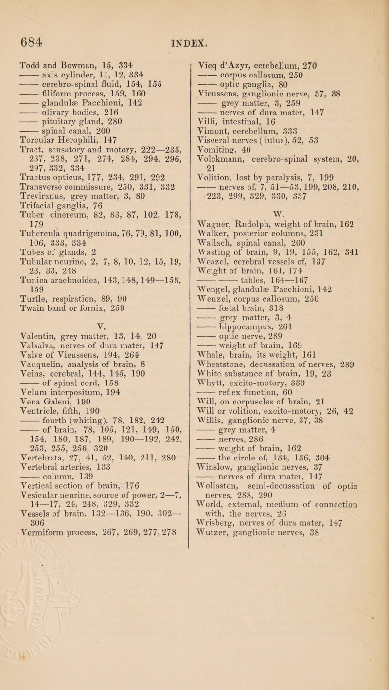 Todd and Bowman, 15, 334 -axis cylinder, 11, 12, 334 -cerebro-spinal fluid, 154, 155 -filiform process, 159, 160 -glandulae Pacchioni, 142 -olivary bodies, 216 -pituitary gland, 280 -spinal canal, 200 Torcular Herophili, 147 Tract, sensatory and motory, 222—235, 237, 238, 271, 274, 284, 294, 296, 297, 332, 334 Tractus opticus, 177, 234, 291, 292 Transverse commissure, 250, 331, 332 Treviranus, grey matter, 3, 80 Trifacial ganglia, 76 Tuber cinereum, 82, 83, 87, 102, 178, 179 Tubercula quadrigemina, 76, 79, 81, 100, 106, 333, 334 Tubes of glands, 2 Tubular neurine, 2, 7, 8, 10, 12, 15, 19, 23, 33, 248 Tunica arachnoidea, 143,148, 149—158, 159 Turtle, respiration, 89, 90 Twain band or fornix, 259 y. Valentin, grey matter, 13, 14, 20 Valsalva, nerves of dura mater, 147 Valve of Vieussens, 194, 264 Vauquelin, analysis of brain, 8 Veins, cerebral, 144, 145, 190 -of spinal cord, 158 Velum interpositum, 194 Vena Galeni, 190 Ventricle, fifth, 190 -fourth (whiting), 78, 182, 242 -of brain, 78, 105, 121, 149, 150, 154, 180, 187, 189, 190—192, 242, 253, 255, 256, 320 Vertebrata, 27, 41, 52, 140, 211, 280 Vertebral arteries, 133 -column, 139 Vertical section of brain, 176 Vesicular neurine, source of power, 2—7, 14—17, 24, 248, 329, 332 Vessels of brain, 132—136, 190, 302— 306 Vermiform process, 267, 269,277,278 Vicq d’Azyr, cerebellum, 270 -corpus callosum, 250 -optic ganglia, 80 Vieussens, ganglionic nerve, 37, 38 - grey matter, 3, 259 -nerves of dura mater, 147 Villi, intestinal, 16 Vimont, cerebellum, 333 Visceral nerves (lulus), 52, 53 Vomiting, 40 Volckmann, cerebro-spinal system, 20, 21 Volition, lost by paralysis, 7, 199 -nerves of, 7, 51—53, 199, 208, 210, 223, 299, 329, 330, 337 W. Wagner, Rudolph, weight of brain, 162 Walker, posterior columns, 231 Wallach, spinal canal, 200 Wasting of brain, 9, 19, 155, 162, 341 Weazel, cerebral vessels of, 137 Weight of brain, 161, 174 -tables, 164—167 Wengel, glandulae Pacchioni, 142 Wenzel, corpus callosum, 250 -foetal brain, 318 -grey matter, 3, 4 ■-hippocampus, 261 -optic nerve, 289 -weight of brain, 169 Whale, hrain, its weight, 161 Wheatstone, decussation of nerves, 289 White substance of brain, 19, 23 Whytt, excito-motory, 330 -reflex function, 60 Will, on corpuscles of brain, 21 Will or volition, excito-motory, 26, 42 Willis, ganglionic nerve, 37, 38 -grey matter, 4 -nerves, 286 -weight of brain, 162 -the circle of, 134, 136, 304 Winslow, ganglionic nerves, 37 -nerves of dura mater, 147 Wollaston, semi-decussation of optic nerves, 288, 290 World, external, medium of connection with, the nerves, 26 Wrisberg, nerves of dura mater, 147 Wutzer, ganglionic nerves, 38