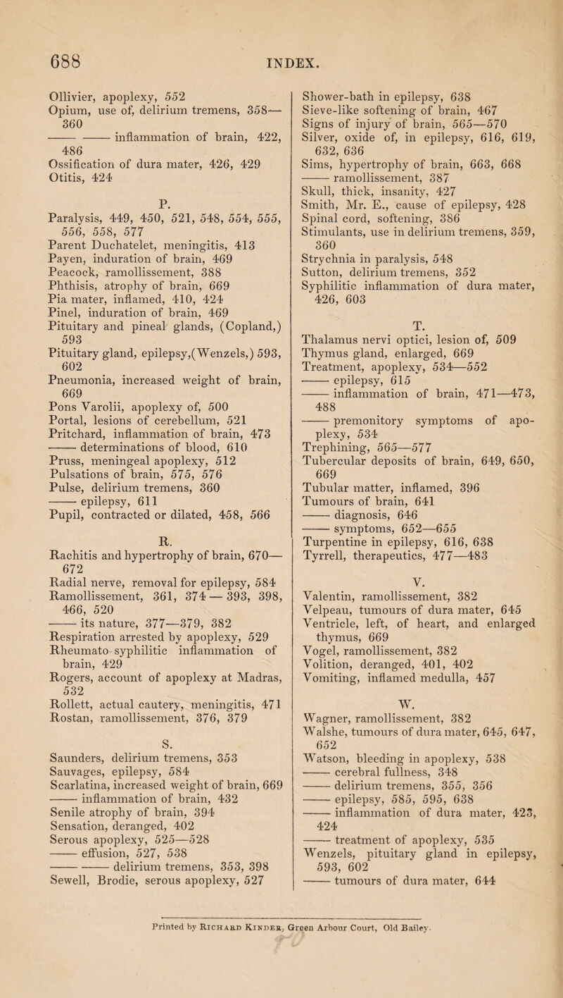 Ollivier, apoplexy, 552 Opium, use of, delirium tremens, 358— 360 - -inflammation of brain, 422, 486 Ossification of dura mater, 426, 429 Otitis, 424 P. Paralysis, 449, 450, 521, 548, 554, 555, 556, 558, 577 Parent Duchatelet, meningitis, 413 Payen, induration of brain, 469 Peacock, ramollissement, 388 Phthisis, atrophy of brain, 669 Pia mater, inflamed, 410, 424 Pinel, induration of brain, 469 Pituitary and pineal glands, (Copland,) 593 Pituitary gland, epilepsy,(Wenzels,) 593, 602 Pneumonia, increased weight of brain, 669 Pons Varolii, apoplexy of, 500 Portal, lesions of cerebellum, 521 Pritchard, inflammation of brain, 473 -determinations of blood, 610 Pruss, meningeal apoplexy, 512 Pulsations of brain, 575, 576 Pulse, delirium tremens, 360 -- epilepsy, 611 Pupil, contracted or dilated, 458, 566 R. Rachitis and hypertrophy of brain, 670— 672 Radial nerve, removal for epilepsy, 584 Ramollissement, 361, 374— 393, 398, 466, 520 -its nature, 377—379, 382 Respiration arrested by apoplexy, 529 Rheumato-syphilitic inflammation of brain, 429 Rogers, account of apoplexy at Madras, 532 Rollett, actual cautery, meningitis, 471 Rostan, ramollissement, 376, 379 S. Saunders, delirium tremens, 353 Sauvages, epilepsy, 584 Scarlatina, increased weight of brain, 669 -inflammation of brain, 432 Senile atrophy of brain, 394 Sensation, deranged, 402 Serous apoplexy, 525—528 -effusion, 527, 538 -delirium tremens, 353, 398 Sewell, Brodie, serous apoplexy, 527 Shower-bath in epilepsy, 638 Sieve-like softening of brain, 467 Signs of injury of brain, 565—570 Silver, oxide of, in epilepsy, 616, 619, 632, 636 Sims, hypertrophy of brain, 663, 668 —— ramollissement, 387 Skull, thick, insanity, 427 Smith, Mr. E., cause of epilepsy, 428 Spinal cord, softening, 386 Stimulants, use in delirium tremens, 359, 360 Strychnia in paralysis, 548 Sutton, delirium tremens, 352 Syphilitic inflammation of dura mater, 426, 603 T. Thalamus nervi optici, lesion of, 509 Thymus gland, enlarged, 669 Treatment, apoplexy, 534—552 -epilepsy, 615 -inflammation of brain, 471—473, 488 -premonitory symptoms of apo¬ plexy, 534 Trephining, 565—577 Tubercular deposits of brain, 649, 650, 669 Tubular matter, inflamed, 396 Tumours of brain, 641 -diagnosis, 646 -symptoms, 652—655 Turpentine in epilepsy, 616, 638 Tyrrell, therapeutics, 477—483 y. Valentin, ramollissement, 382 Velpeau, tumours of dura mater, 645 Ventricle, left, of heart, and enlarged thymus, 669 Vogel, ramollissement, 382 Volition, deranged, 401, 402 Vomiting, inflamed medulla, 457 W. Wagner, ramollissement, 382 Walshe, tumours of dura mater, 645, 647, 652 Watson, bleeding in apoplexy, 538 -cerebral fullness, 348 -delirium tremens, 355, 356 -epilepsy, 585, 595, 638 -inflammation of dura mater, 423, 424 -treatment of apoplexy, 535 Wenzels, pituitary gland in epilepsy, 593, 602 -tumours of dura mater, 644 Printed by Richard Kinder, Green Arbour Court, Old Bailey.