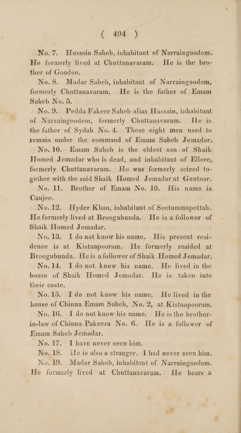 No. 7. Hussain Saheb, inhabitant of Narraingoodem. He formerly lived at Chuttanavaram. He is the bro- ther of Goodoo. No. 8. Madar Saheb, inhabitant of Narraingoodem, formerly Chuttanavaram. He is the father of Emam Saheb No. 5. No.9. Pedda Fakeer Saheb alias Hassain, inhabitant of Narraingoodem, formerly Chuttanavaram. He is the father of Sydah No.4. These eight men used to remain under the command of Emam Saheb Jemadar. No. 10. Emam Saheb is the eldest son of Shaik Homed Jemadar who is dead, and inhabitant of Ellore, formerly Chuttanavaram. He was formerly seized to- gether with the said Shaik Homed Jemadar at Guntoor. No. 11. Brother of Emam No. 10. His name is Caujee. No. 12. Hyder Khan, inhabitant of Seetummapettah. He formerly lived at Broogubunda. He is a follower of Shaik Homed Jemadar. No. 13. I donot know his name. His present resi- dence is at Kistnapooram. He formerly resided at Broogubunda. Heis a follower of Shaik Homed Jemadar. No.14. I donot know his name. He lived in the house of Shaik Homed Jemadar. He is taken into their caste. No. 15. Ido not know his name. He lived in the house of Chinna Emam Saheb, No. 2, at Kistnapooram. No. 16. I do not know his name. He is the brother- in-law of Chinna Pakeera No. 6. He is a follower of Emam Salieb Jemadar. No. 17. I have never seen him. No. 18. fe is alsoa stranger. I had never seen him. No. 19. Madar Saheb, inhabitant of Narraingoodem. He formerly lived at Chuttanavaram. He bears a
