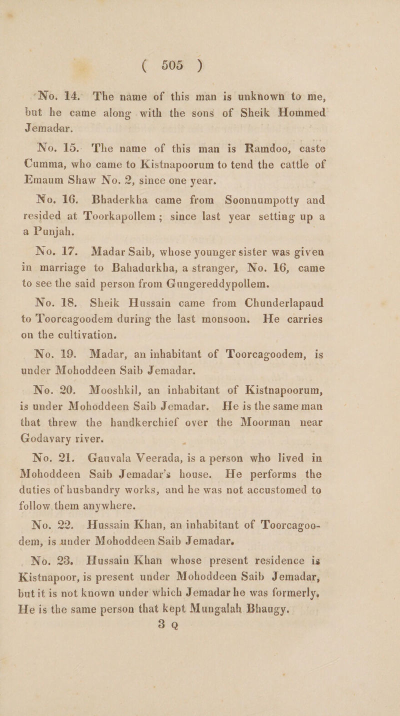 ‘No. 14. The name of this man is unknown to me, but he came along with the sons of Sheik Hommed Jemadar. No. 15.. The name of this man is Ramdoo, caste Cumma, who came to Kistnapoorum to tend the cattle of Emaum Shaw No. 2, since one year. No. 16. Bhaderkha came from Soonnumpotty and resided at Toorkapollem; since last year setting up a a Punjah. | No. 17. Madar Saib, whose younger sister was given in marriage to Bahadarkha, a stranger, No. 16, came to see the said person from Gungereddypollem. No. 18. Sheik Hussain came from Chunderlapaud to Toorcagoodem during the last monsoon. He carries on the cultivation. 7 No. 19. Madar, an inhabitant of Toorcagoodem, is under Mohoddeen Saib Jemadar. No. 20. Mooshkil, an inhabitant of Kistnapoorum, is under Mohoddeen Saib Jemadar. He is the same man that threw the handkerchief over the Moorman near Godavary river. . No. 21. Gauvala Veerada, is a person who lived in ‘Mohoddeen Saib Jemadar’s house. He performs the duties of husbandry works, and he was not accustomed to follow. them anywhere. No. 22. Hussain Khan, an inhabitant of Toorcagoo- dem, is under Mohoddeen Saib Jemadar. No. 23. Hussain Khan whose present residence is Kistnapoor, is present under Mohoddeen Saib Jemadar, but it is not known under which Jemadar he was formerly, He is the same person that kept Mungalah Bhaugy. 3 Q